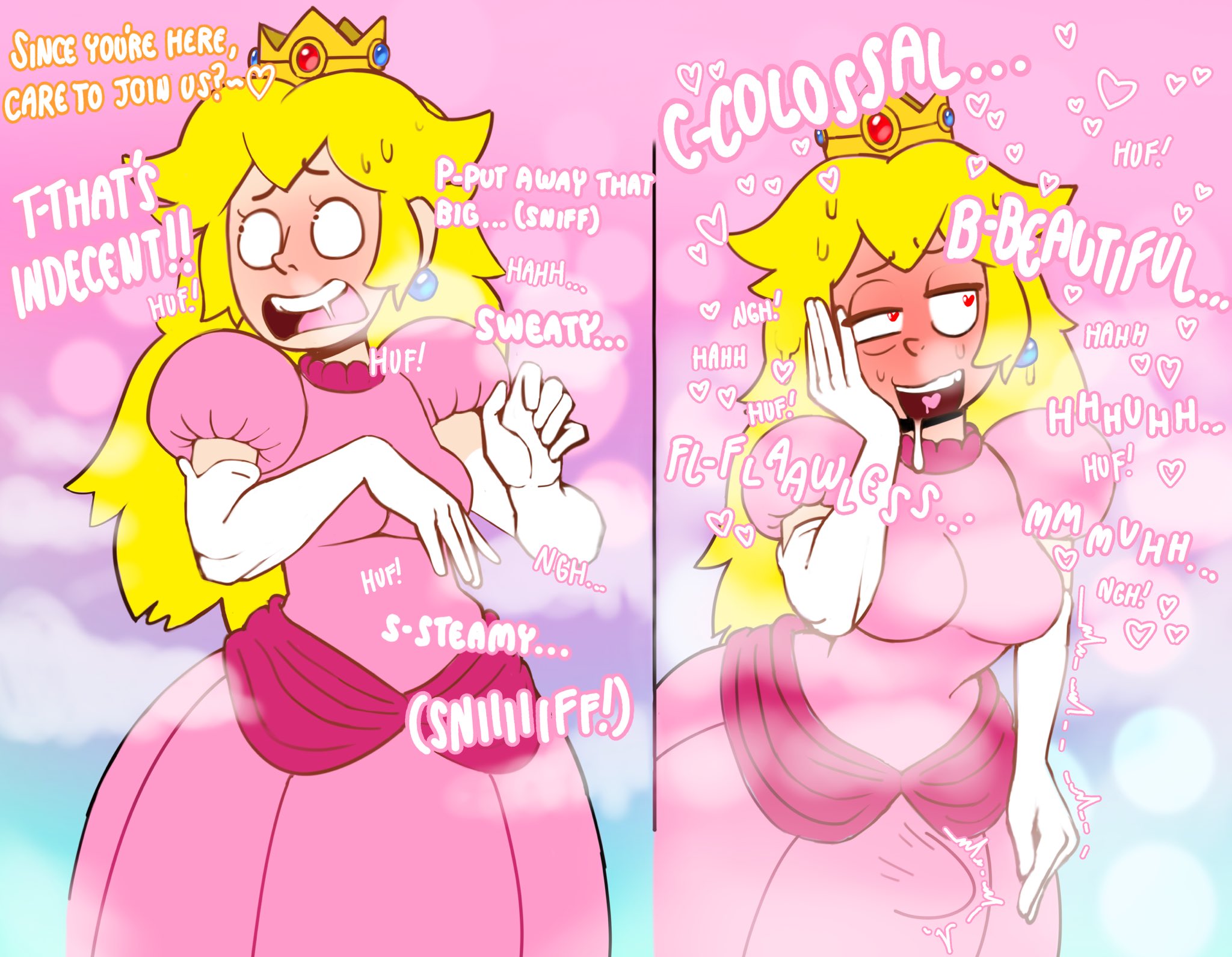1futa, blonde hair, blush, dialogue, drooling, futanari, horny, horny futa, mario (series), musk clouds, nintendo, oogabutt, paper mario, paper peach, princess peach, solo, solo futa, super mario bros., text