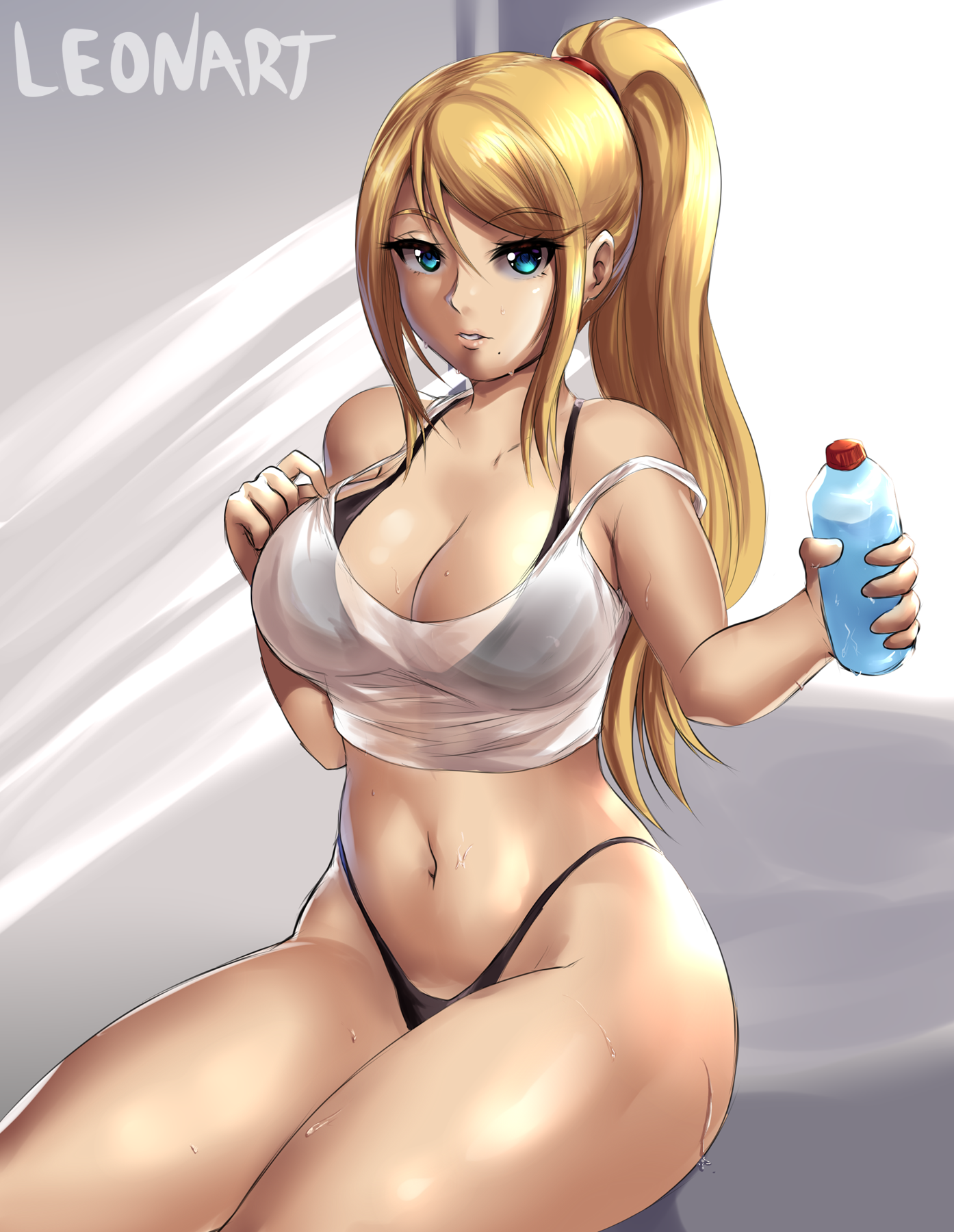 1girls, big breasts, blonde hair, blue eyes, breasts, cleavage, female, leonart, long hair, looking at viewer, metroid, midriff, navel, nintendo, ponytail, samus aran, solo, sweat, thick thighs, thighs, thong, wide hips