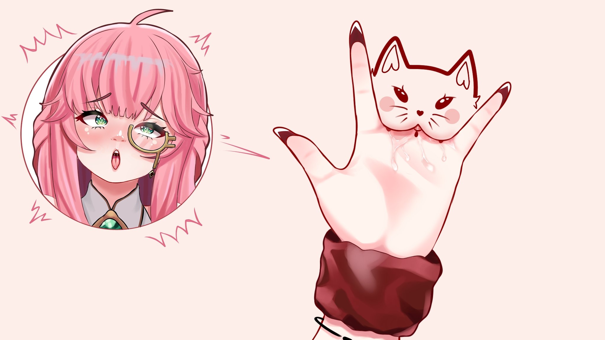2d, 2girls, 3fr, ahe gao, aivy lovencraft, clothing, do you want to pet my cat (meme), female, female only, green eyes, hispanic virtual youtuber, indie virtual youtuber, latam virtual youtuber, light skin, light-skinned female, long hair, meme, monocle, partial female, pink hair, pussy, touching pussy, virtual youtuber, vtuber, vtuberfanart