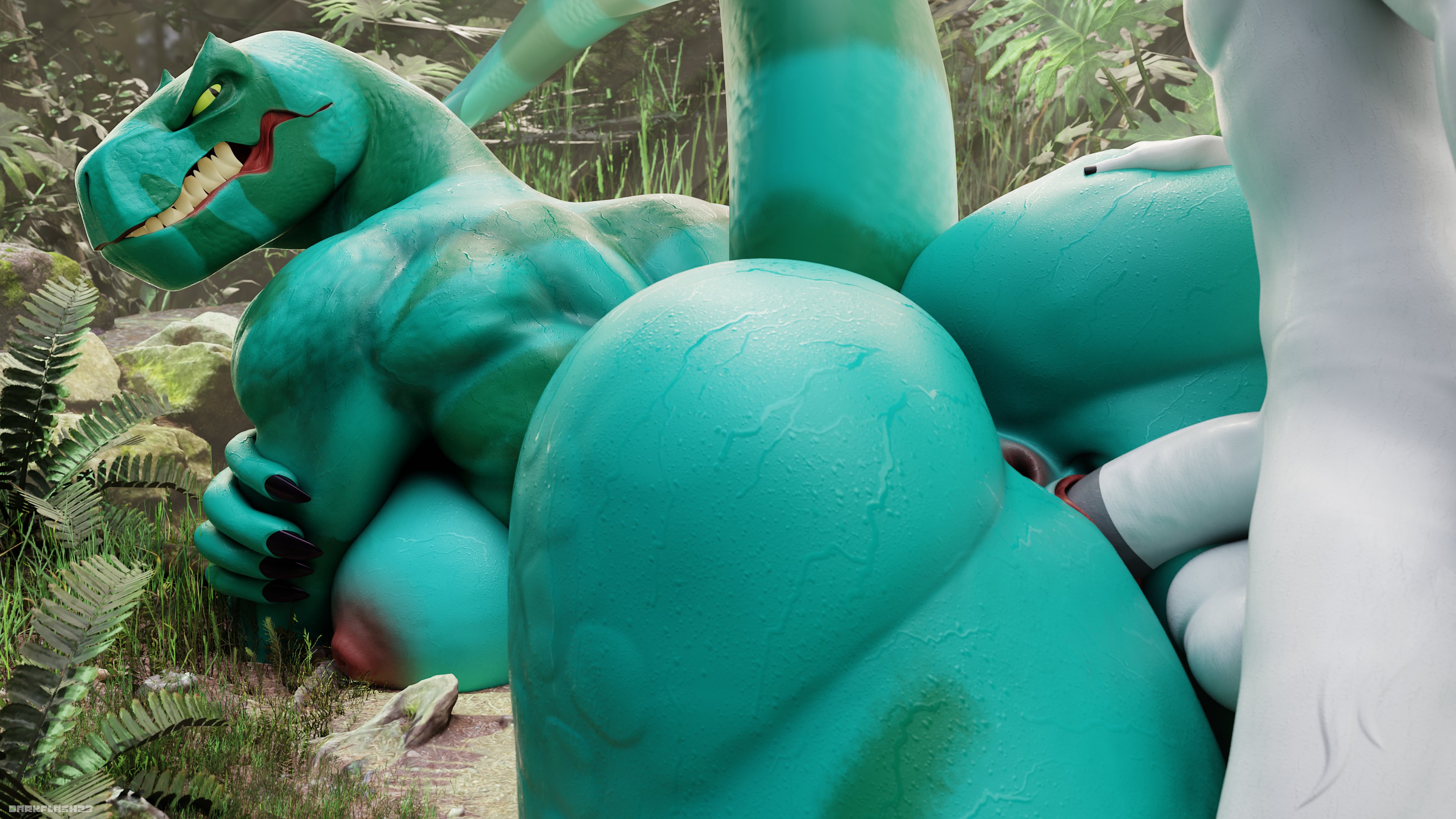 2026, 3d (artwork), absurd res, anthro, anthrofied, anus, areola, artist name, asriel dreemurr, back muscles, balls, big areola, big balls, big breasts, big butt, big penis, black claws, black eyes, blender (artwork), bodily fluids, boss monster (undertale), bovid, breasts, bubble butt, butt, butt grab, butt squish, caprine, claws, crossover, curvy figure, darkflash23, detailed background, digital media (artwork), dinosaur, duo, fang (primal), female, finger claws, forest, from behind position, fur, genitals, goat, green body, green scales, green sclera, hand on butt, hi res, huge areola, huge breasts, huge butt, huge hips, huge thighs, humanoid genitalia, humanoid penis, larger female, long tail, looking back, male, male/female, mammal, multicolored body, multicolored scales, nipples, nude, nude anthro, nude female, nude male, outside, outside sex, penetration, penis, plant, prehistoric species, primal (series), puffy nipples, pupils, reptile, saurischian, scales, scalie, sex, sharp teeth, size difference, slit pupils, smaller male, snout, squish, sweat, sweatdrop, sweaty back, sweaty breasts, sweaty butt, sweaty legs, sweaty thighs, tail, teeth, text, theropod, thick thighs, tree, turquoise body, turquoise scales, two tone body, two tone scales, tyrannosaurid, tyrannosauroid, tyrannosaurus, tyrannosaurus rex, undertale, undertale (series), vaginal, vaginal penetration, voluptuous, voluptuous anthro, voluptuous female, vulva, watermark, white body, white fur, wide hipped anthro, wide hipped female, wide hips