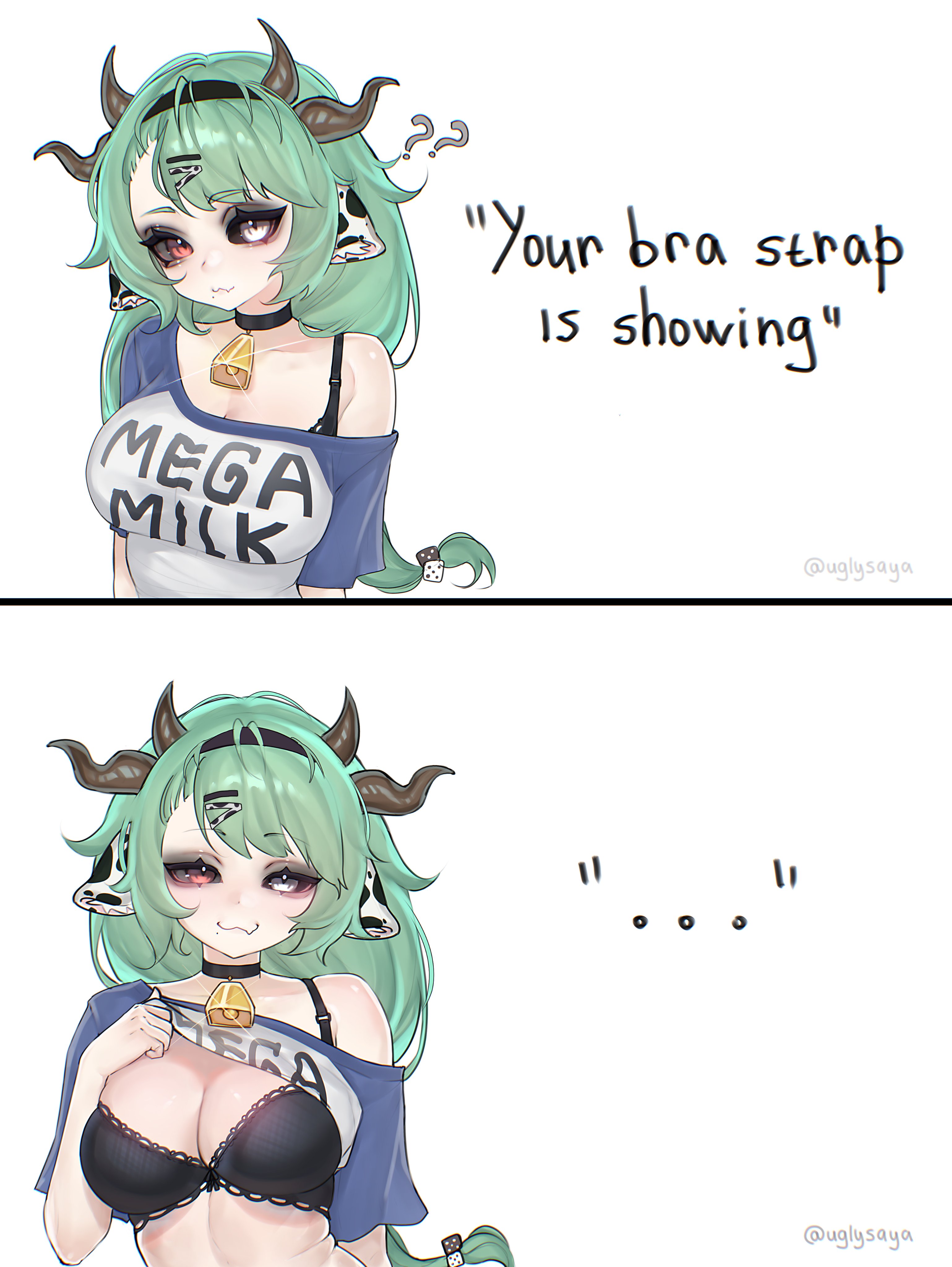 ?, ??, ..., 1girl, 1girls, absurdres, animal ears, bell, big breasts, black bra, black sclera, blue shirt, bra, breasts, choker, cleavage, closed mouth, clothes lift, colored sclera, commentary, cow ears, cow girl, cow horns, cowbell, crelly, dice hair ornament, english text, female, green hair, grey sclera, hair ornament, hairband, heterochromia, highres, horns, indie virtual youtuber, large breasts, long hair, looking at viewer, mega milk, meme, mismatched sclera, mole, mole under mouth, ponytail, red eyes, shirt, shirt lift, single off shoulder, tits, two-tone shirt, uglysaya, underwear, untranslatable commentary, virtual youtuber, vtuber, white background, white shirt, your bra strap is showing (meme)