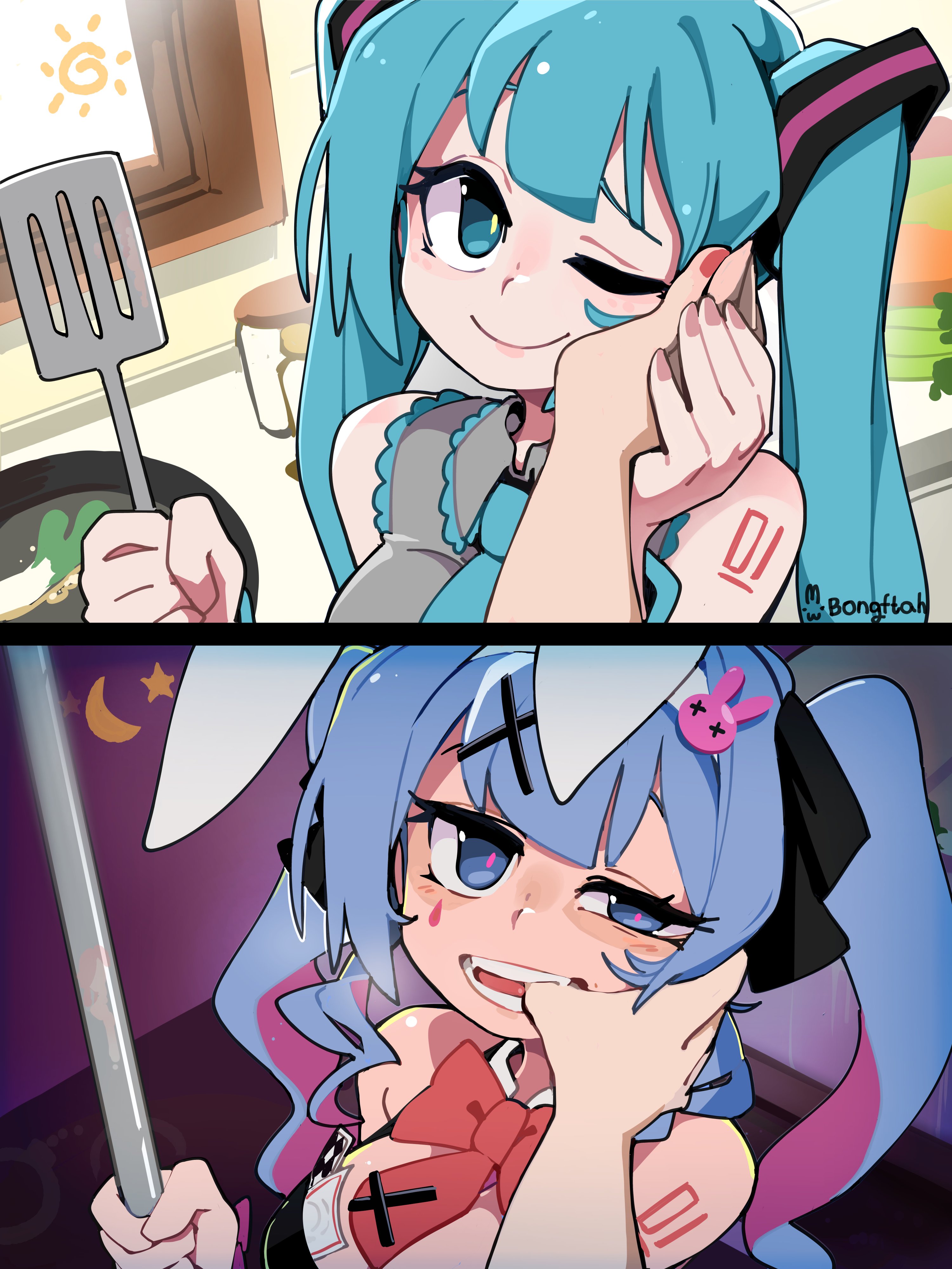1girls, bongfillstudent, bongftah, cute expression, finger in mouth, hatsune miku, horny expression, pov, rabbit hole (vocaloid), thumb in mouth, two-sided dress, vocaloid