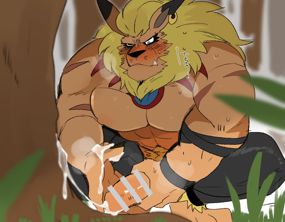 after_masturbation blush bodily_fluids censored cum cum_on_hand cum_on_tree digimon digimon_(species) forest genital_fluids genitals hyaku_(artist) leomon male male_only masturbation muscular outside penis solo tree