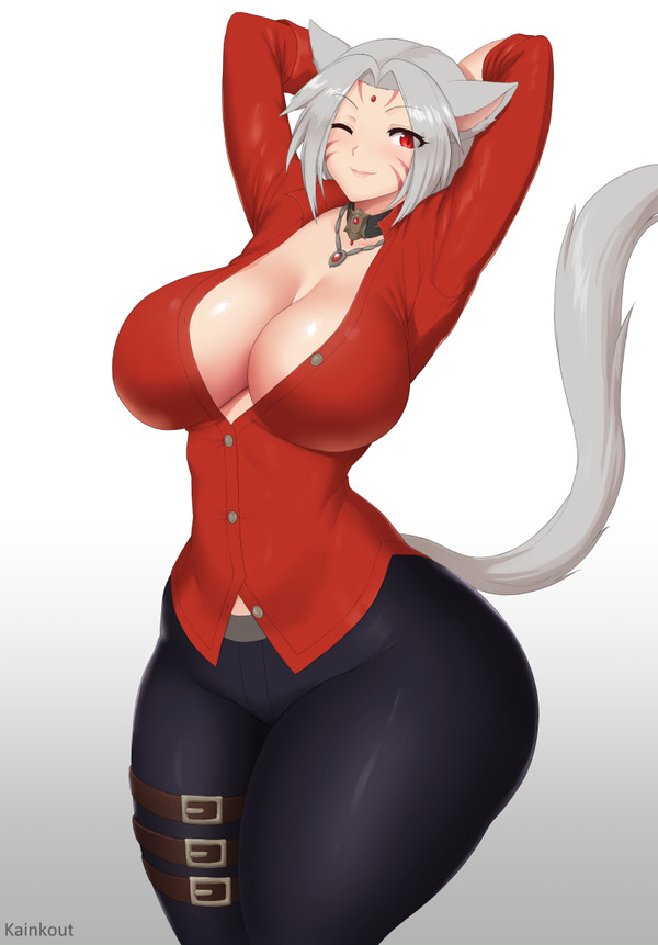 big_breasts cat cat_ears cat_tail catgirl curvy eyelashes eyeliner final_fantasy final_fantasy_xiv furry hands_up happy hourglass_figure huge_ass kainkout mikata_(sukkurokun) miqo'te red_eyes smile sukkurokun tail thick thick_thighs thin thin_waist voluptuous winking