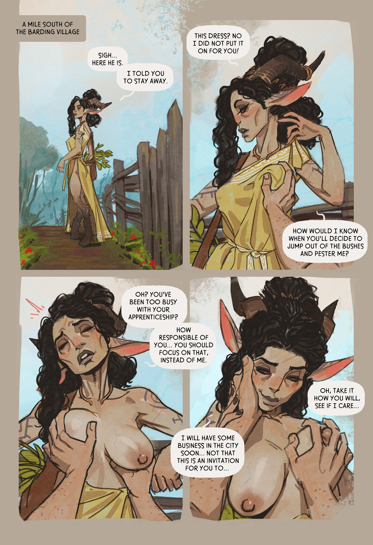 1boy, 1girls, age difference, age gap, black hair, black sclera, blush, blushing, caressing face, color, colored, comic, comic page, dress, dungeons and dragons, female, gilf, goat ears, goat eyes, goat girl, goat horns, goat legs, goat tail, groping, groping breasts, hair bun, half updo, hooves, horn jewelry, incase, light skin, light-skinned female, light-skinned male, long hair, male, male/female, multiple images, necklace, old lady, old woman, older female, original, original character, original characters, outdoor nudity, outdoors, outside, outside nudity, partially clothed, partially clothed female, pleasure face, red eyes, secretly loves it, tattoo, tattooed arm, tattoos, topless, topless female, tsundere, veiny breasts, wavy hair, younger male
