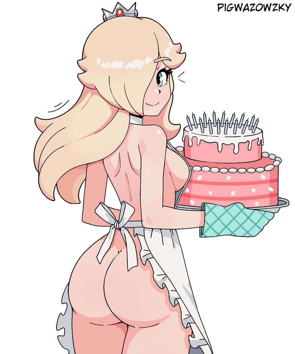 1girls, ass, ass focus, blonde, blonde female, blonde hair, butt, butt focus, cake, caked up, dat ass, dat butt, hair over one eye, large ass, mario (series), naked apron, nintendo, pigwazowzky, princess rosalina, sideboob, super mario bros., super mario galaxy