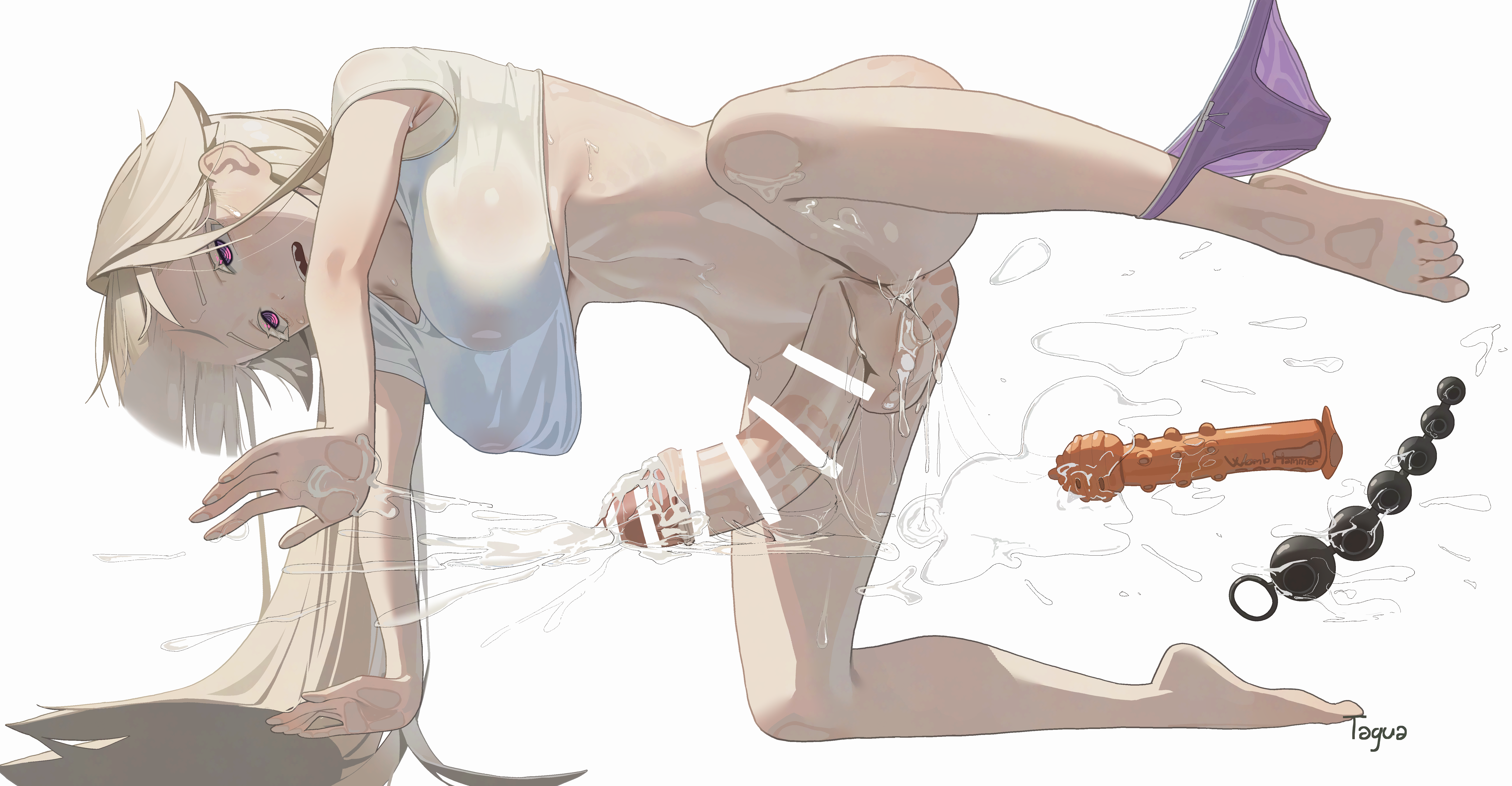 1futa, absurdres, after handjob, after vaginal, aftersex, against fourth wall, against glass, ahegao, all fours, anal beads, anus, ass smack, bar censor, barefoot, blonde hair, blush, bottomless, bow, bow panties, breasts, censored, covered erect nipples, crop top, cum, dildo, ejaculation, enid (tagua), fourth wall, from below, full-package futanari, futa only, futanari, hand on glass, hanging breasts, highres, large breasts, large penis, long hair, navel, no bra, open mouth, orgasm, original, panties, panties around leg, parted bangs, penis, purple eyes, purple panties, pussy, pussy juice, pussy juice puddle, ringed eyes, rolling eyes, see-through clothes, see-through shirt, sex toy, shirt, short sleeves, simple background, slap mark, solo, spanked, stomach, sweat, t-shirt, tagua, testicles, underwear, very long hair, white background, white shirt