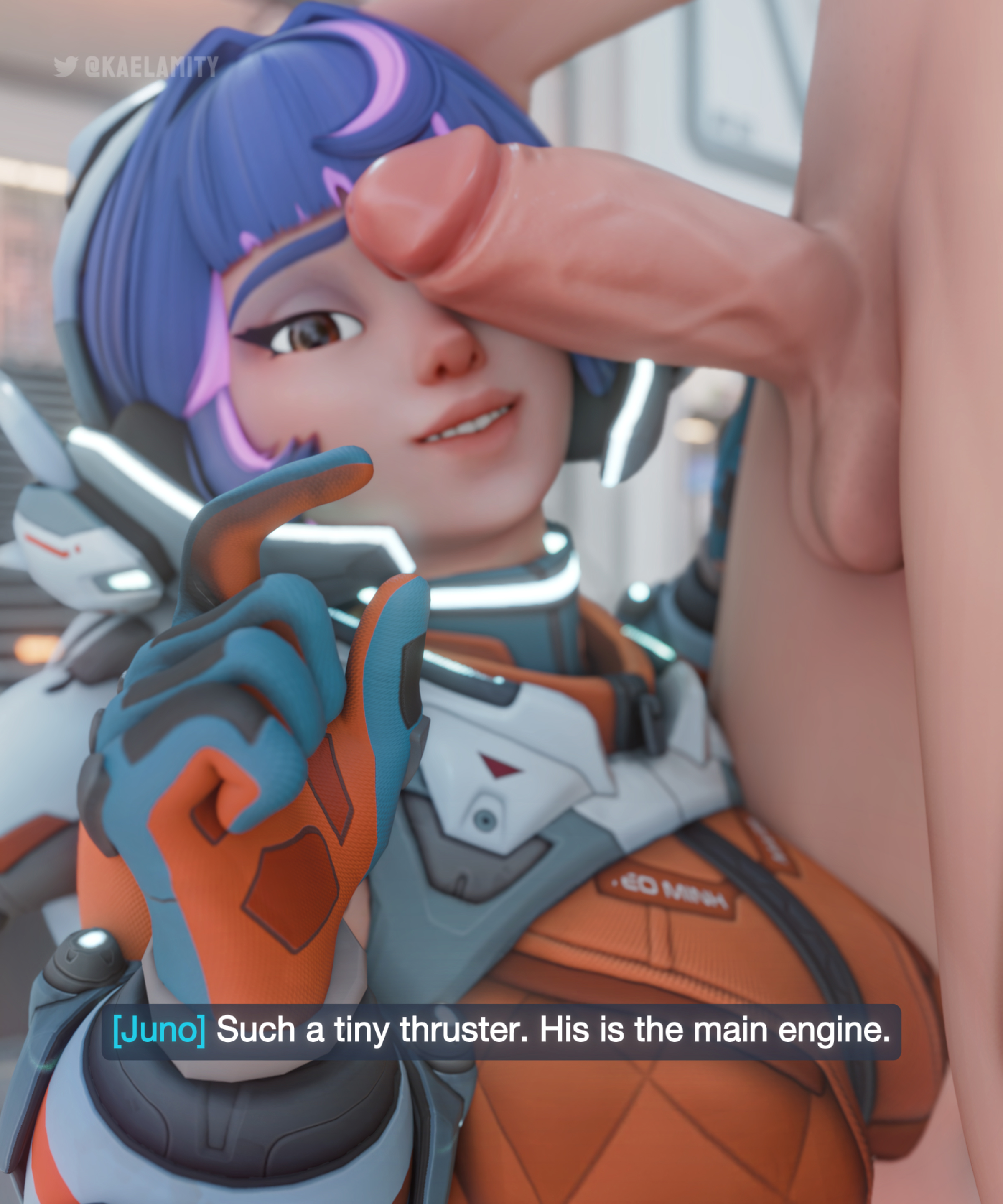 1boy, 1girls, 3d, degradation, degrading, gesture, gesturing at viewer, humiliating, humiliation, juno (overwatch), kaelamity, overwatch, overwatch 2, pinching gesture, size queen, small penis, small penis gesture, small penis humiliation, sph