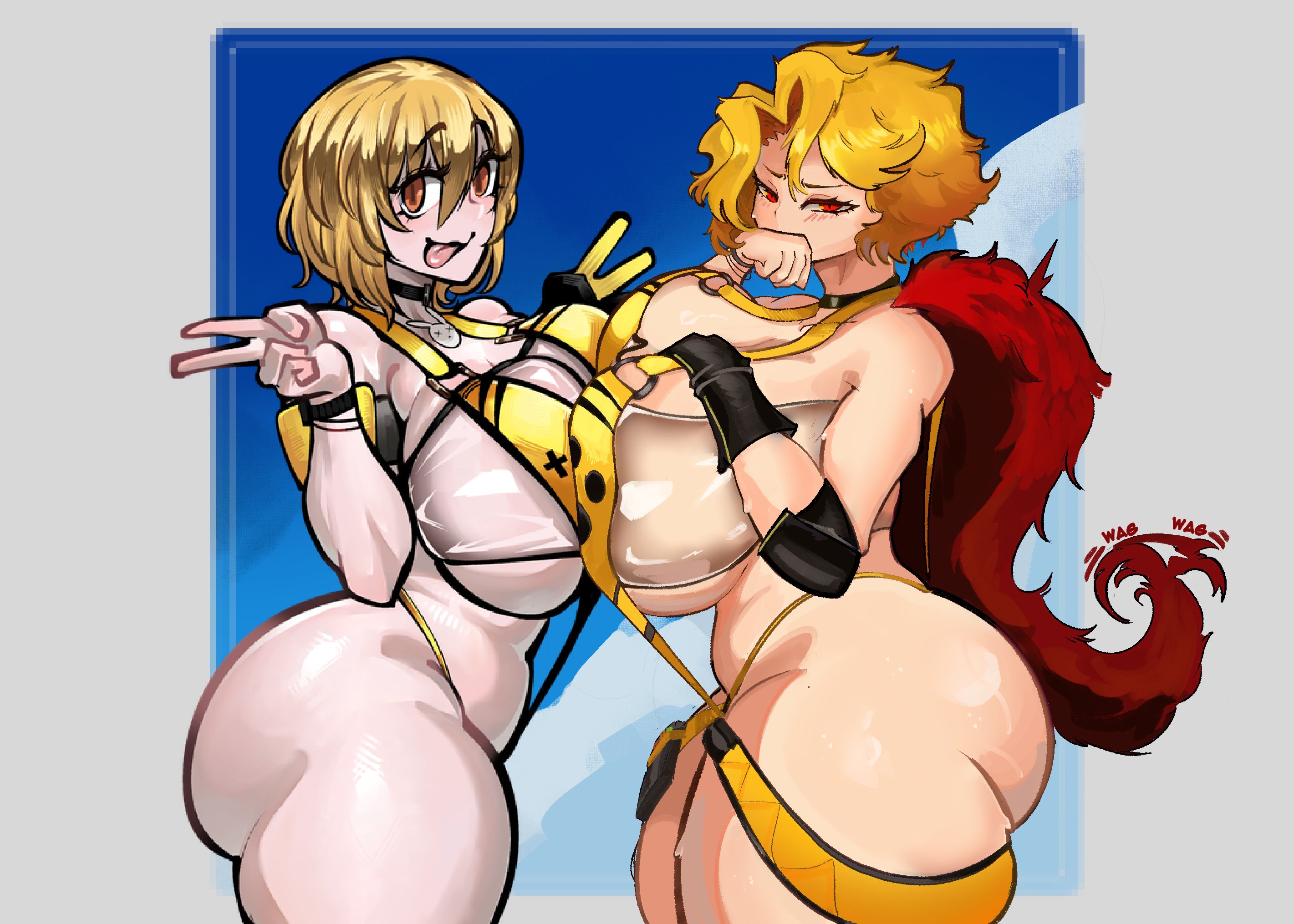 2girls, blush, breasts bigger than head, breasts squeezed together, collaboration, cute, don quixote (limbus company), double peace sign, eclipseecliptus, elegg (boom and shock) (nikke) (cosplay), female, female focus, female only, hand on breast, huge ass, huge breasts, huge thighs, limbus company, pale skin, pale-skinned female, peace sign, project moon, sancho (limbus company), short hair, shy, side view, string bikini, swimsuit, teyo jominu, thick thighs, tongue, tongue out