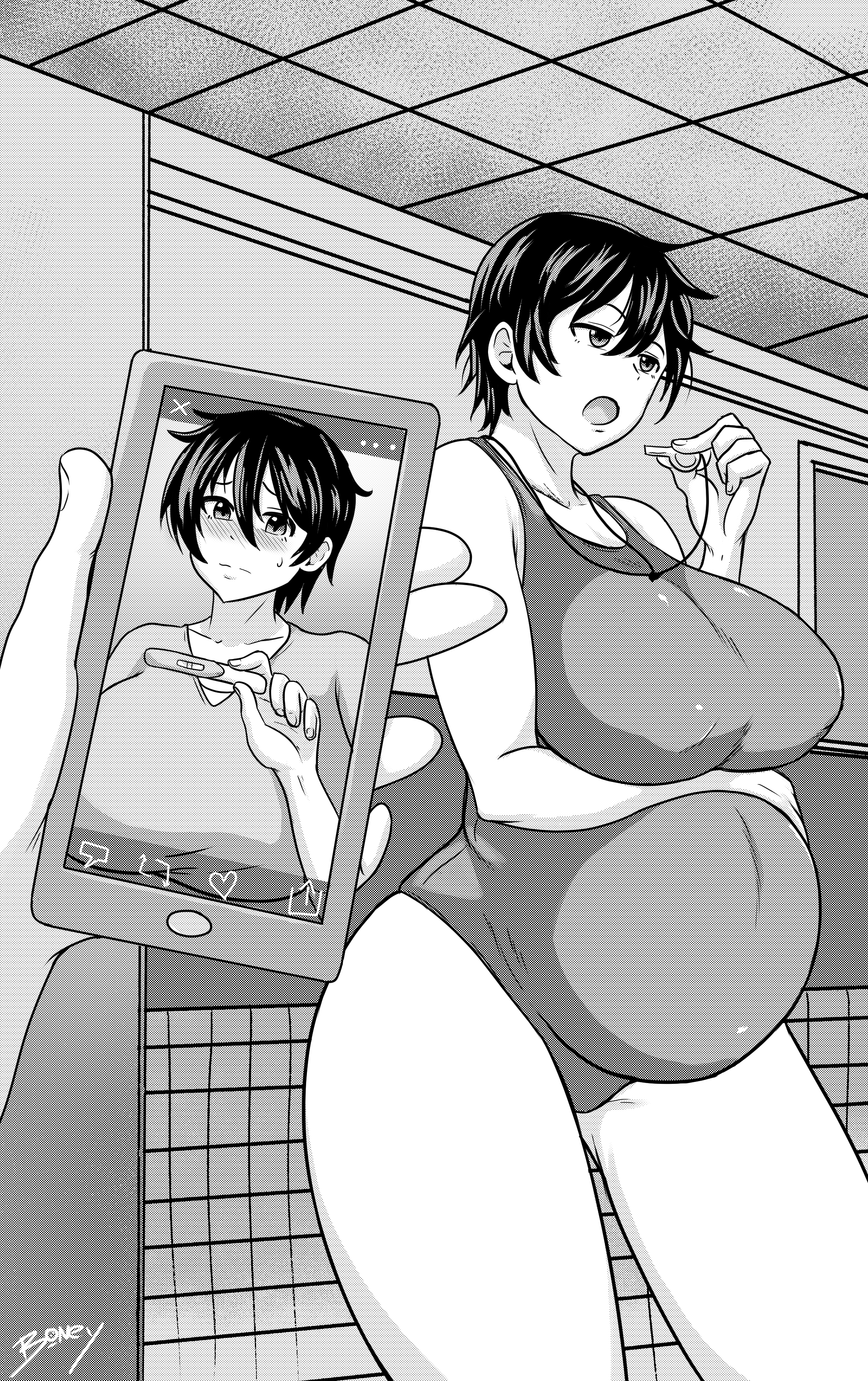1girls, belly, big belly, big breasts, black and white, black hair, breasts, female, female focus, huge breasts, nipple bulge, one-piece swimsuit, onlyboney, pregnancy test, pregnant, short hair, smartphone, solo focus, swimsuit