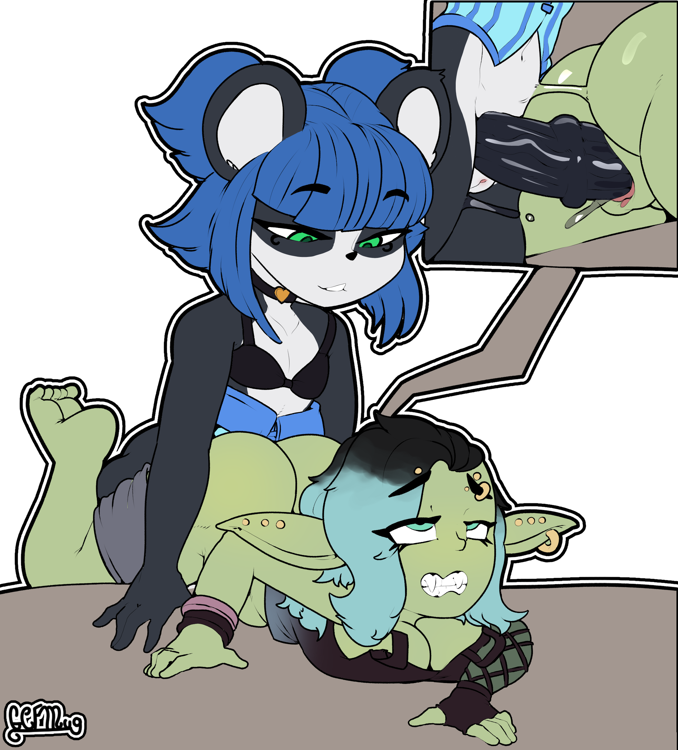 1futa, 1girls, animal penis, artist signature, ass, asymmetrical hair, big ears, biting lip, black penis, blue eyes, blue hair, borrowed character, bottomless, bra, breast squish, breasts, choker, clenched teeth, curled toes, ear piercing, eyebrow piercing, eyes rolling back, fangs, feet, female, fishnet armwear, furry, furry intersex, futa on female, futa sans balls, futanari, gcfmug, goblin, goblin female, goth, goth girl, green eyes, green skin, grin, gritted teeth, horsecock, intersex, interspecies, leora (kibix1), mostly nude, nuwa nightstone, original, original character, original characters, panda, penis, pointy ears, pussy, smile, transparent background, two-tone hair, vagina, vaginal penetration, vaginal sex, wet pussy