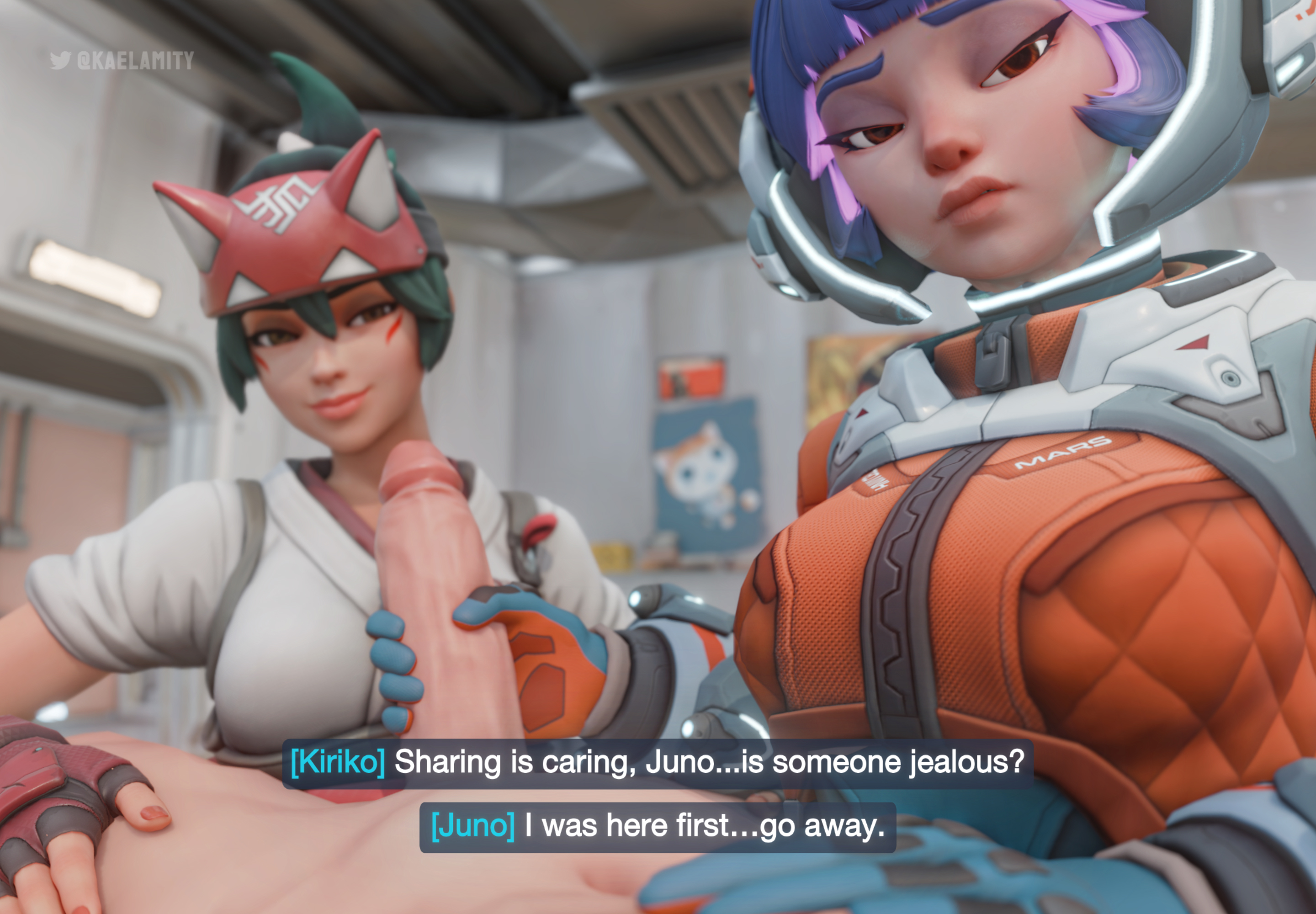 3d, big penis, cuckquean, gloved handjob, gloves, handjob, handjob with gloves, jealous, jealous female, juno (overwatch), kaelamity, kiriko (overwatch), overwatch, overwatch 2