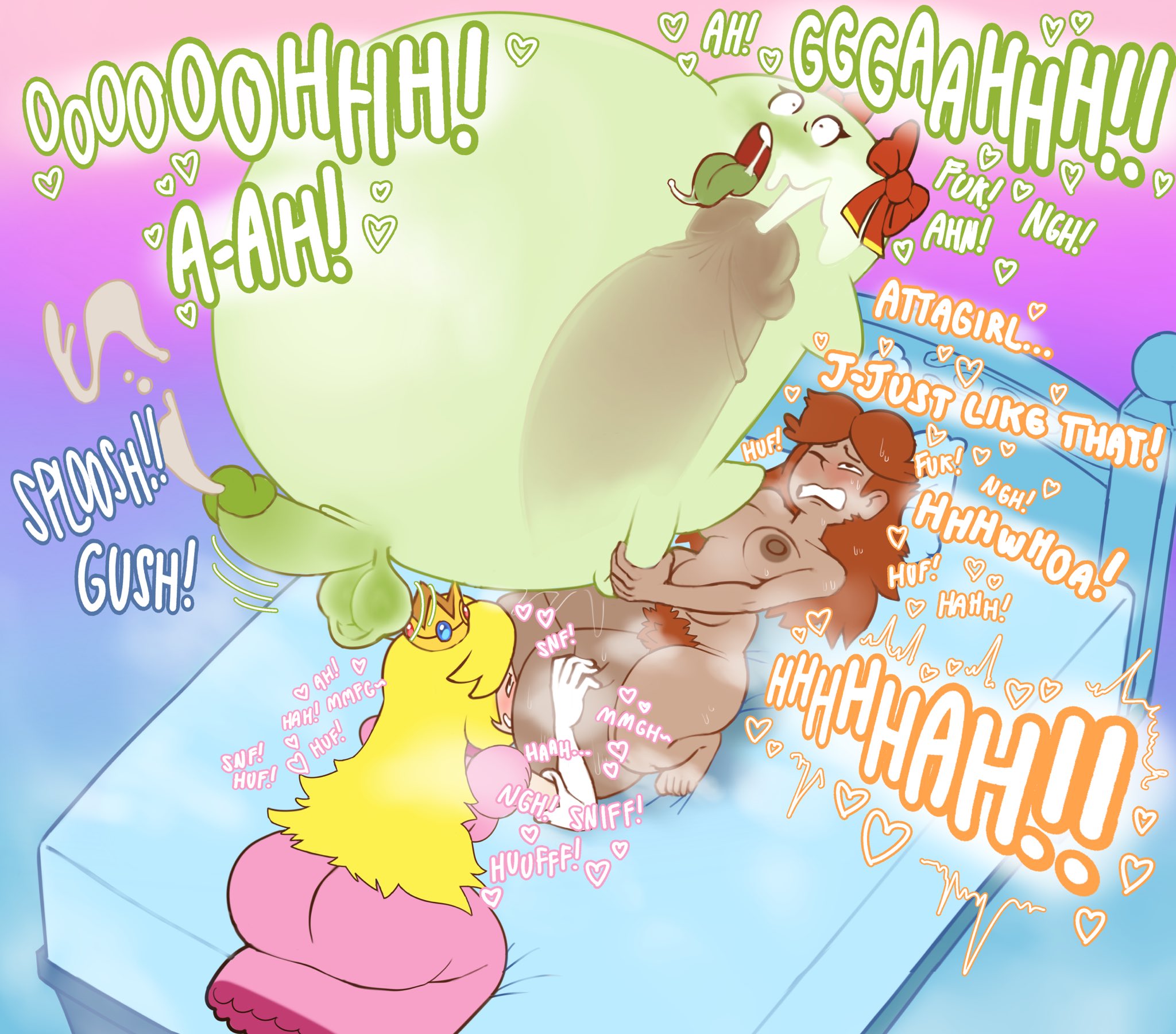 3futas, ahe gao, ass sniffing, balls, bed, blonde hair, blush, boo (mario), brown hair, cum, cum in pussy, cum inside, cum while penetrated, cumflated belly, cumflation, dialogue, eating ass, fucked silly, futa on futa, futanari, gritted teeth, huge balls, huge cock, hyper, hyper balls, hyper belly, hyper cumflation, hyper genitalia, hyper penis, hyper testicles, impossible fit, inflation, lady bow, mario (series), nintendo, oogabutt, paper mario, paper peach, princess daisy, princess peach, pubic hair, rimming, rimming futa, rolling eyes, sniffing ass, stomach bulge, super mario bros., text