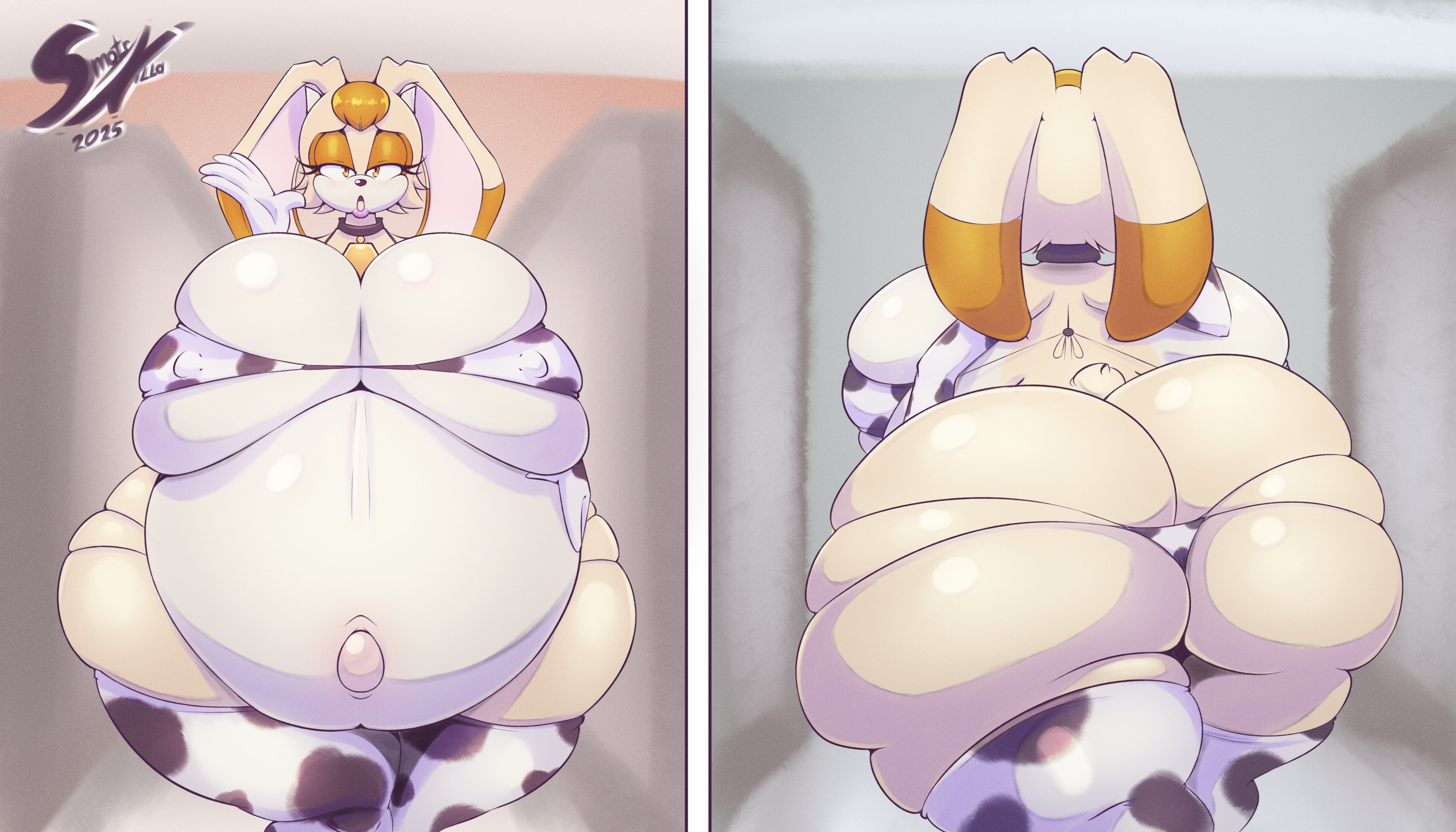 1girls, anthro, ass, blush, breasts, brown hair, cow print bikini, cowbell, erect nipples, female, front and back, gigantic ass, hyper pregnancy, lagomorph, lipstick, massive breasts, milf, moo bitch, nipples visible through clothing, orange eyes, popped navel, pregnant, sega, skindentation, smotrilla, sonic (series), sonic the hedgehog (series), thick thighs, vanilla the rabbit, wide hips