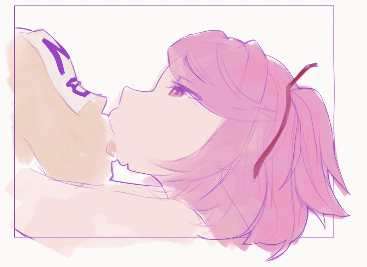 1boy, 1girls, 2d, 2d animation, animated, animated gif, anon, deep kissing, doki doki literature club, female, french kiss, gif, kiss, kissing, lu arts, male, natsuki (doki doki literature club), pink hair