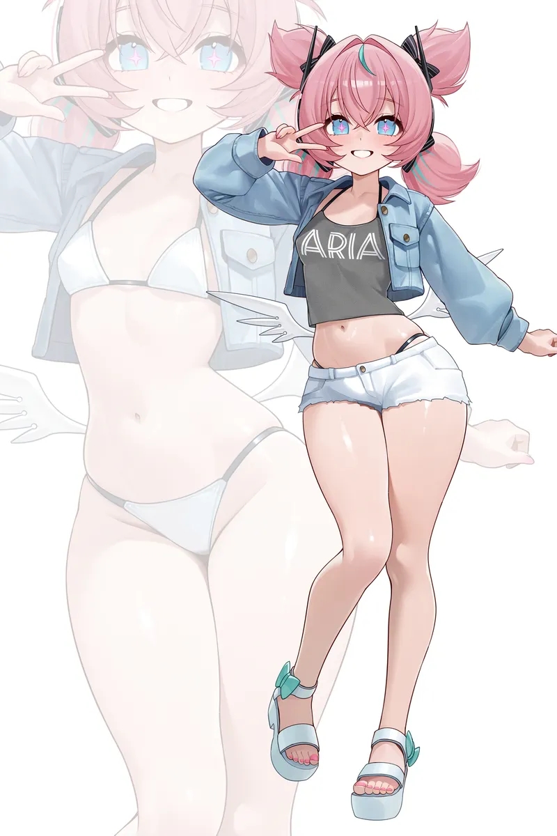 1girl, alternate version available, angels of delusion, aria (zenless zone zero), aria (zenless zone zero) (human form), bikini, blue eyes, female, female only, highres, jacket, light skin, light-skinned female, long hair, midriff, navel, nonsexual, platform footwear, shorts, small breasts, smile, solo, solo female, solo focus, standing, swimsuit, twintails, weimiaw, wings, zenless zone zero