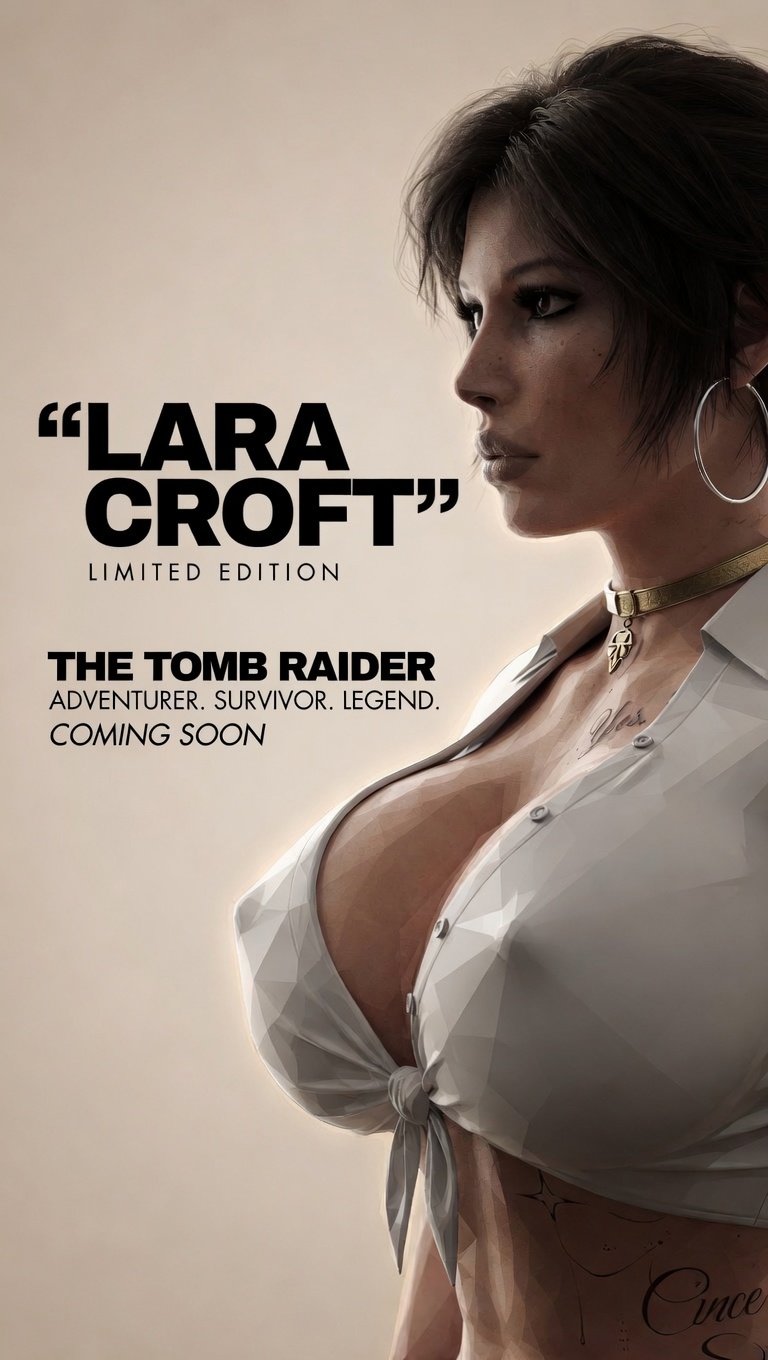 3d, big breasts, bimbo, breasts, brown eyes, brown hair, busty, cleavage, erect nipples, female, female focus, female only, lara croft, lara croft (survivor), large breasts, lipstick, long hair, makeup, mascara, metal 01, nipple piercing, poster, skimpy, skimpy clothes, tagme, tied shirt, tomb raider, tomb raider (survivor)