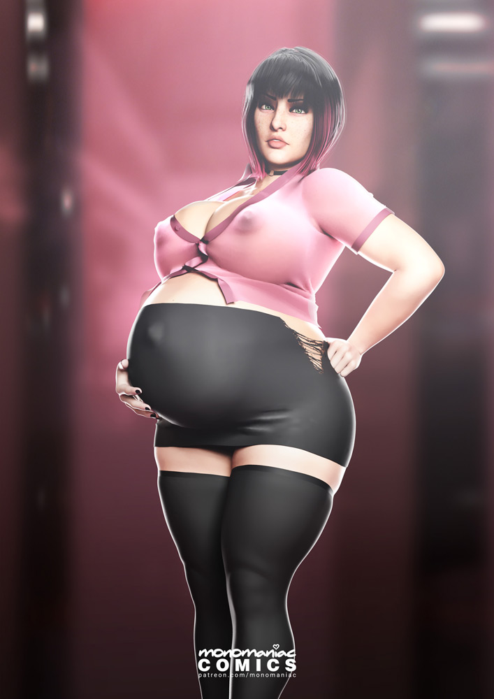 1girls, 3d, areolae, big belly, big breasts, breasts, female, female only, huge belly, large breasts, looking at viewer, monomaniacart, nipples, pregnant, ready to pop, solo, thighhighs