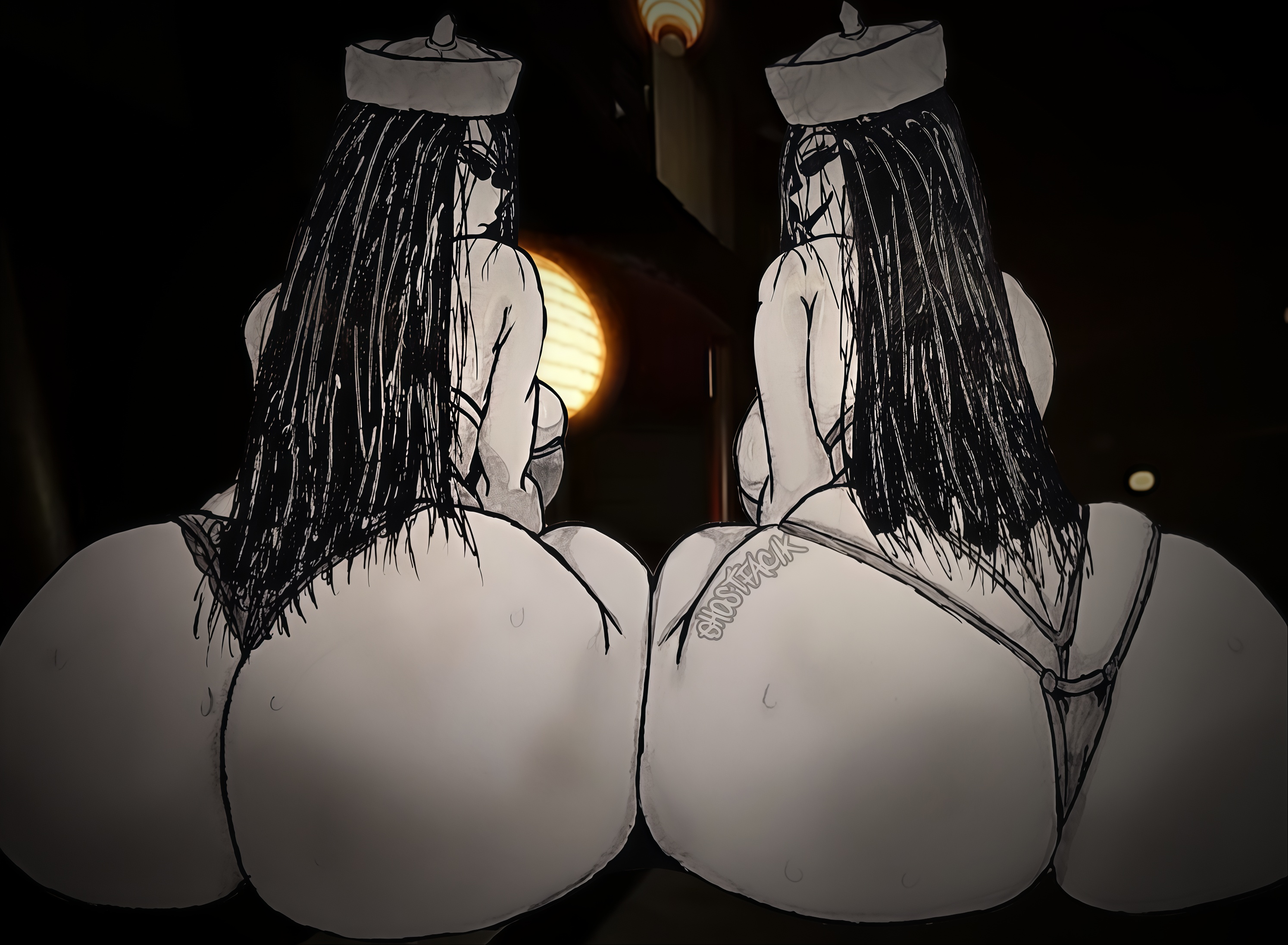 2girls, ass, ass focus, black hair, bra, explicit, from behind, futaomote (the mimic), ghostfacik, glistening skin, huge ass, huge breasts, ink, lineart, long hair, looking back, monochrome, nsfw, panties, roblox, roblox game, self upload, sketch, sweat, sweaty, the mimic, traditional media