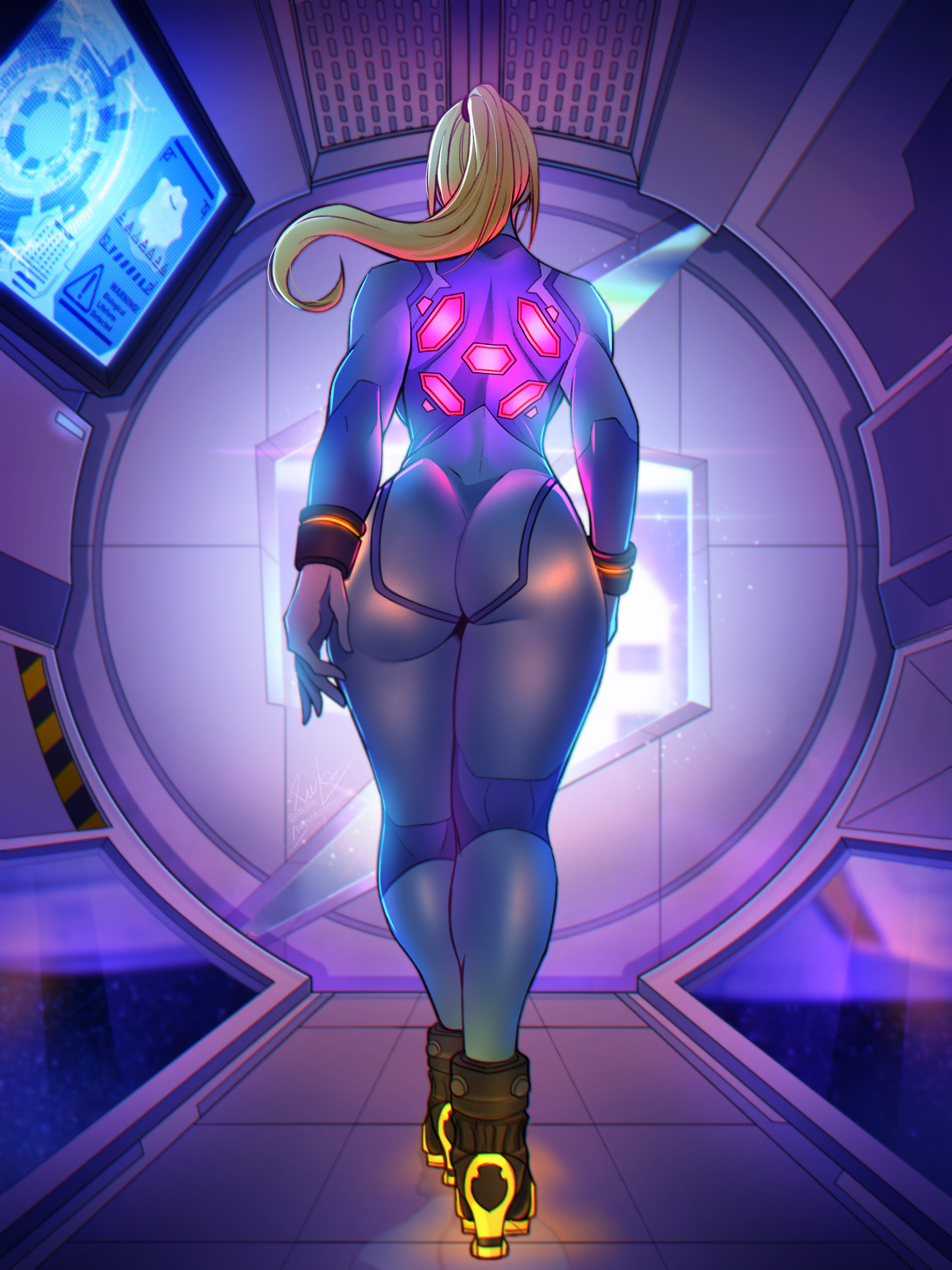 1girl, absurdres, ass, big breasts, blonde hair, bodysuit, commentary, ditto, from behind, full body, game freak, hair up, high heels, high ponytail, highres, indoors, long hair, long sleeves, metroid, neon trim, nintendo, pokemon, ponytail, samus aran, shiny clothes, skin tight, solo, super smash bros., xuuikie ashe, zero suit, zero suit samus