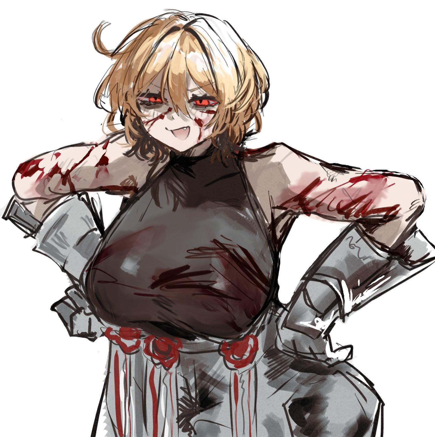1girl, armor, blonde hair, blood, blood on arm, blood on face, breasts, commentary request, don quixote (limbus company), fang, gauntlets, highres, kisaaka, large breasts, limbus company, n corp. fanatic (identity) (project moon), narrowed eyes, open mouth, project moon, red eyes, short hair, simple background, solo, upper body, wax seal, white background