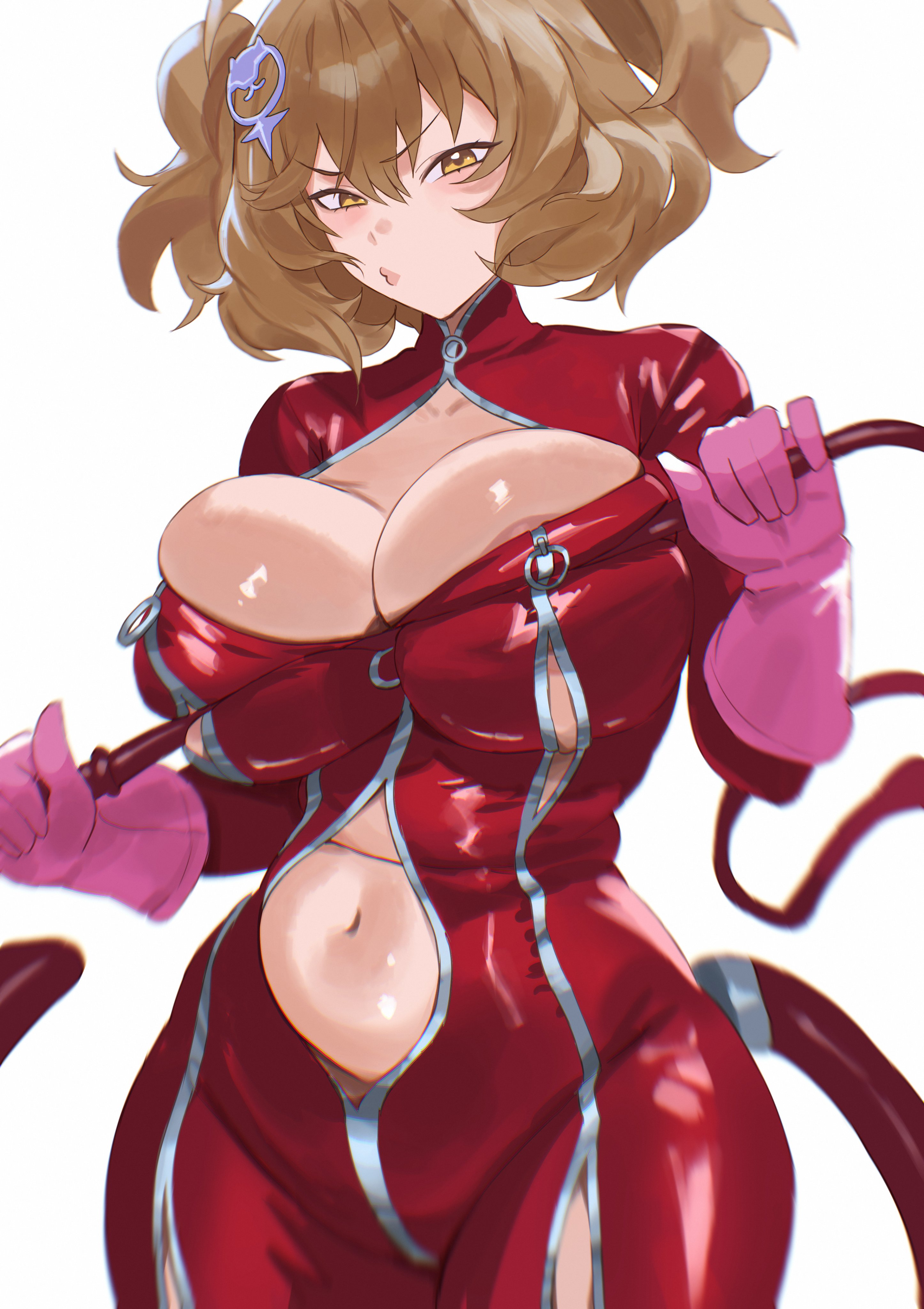 anis (nikke), anis (star) (nikke), ann takamaki, ann takamaki (cosplay), ann takamaki (panther), areola slip, areolae peeking, belly overhang, cat tail, chubby, chubby female, cleavage, cosplay, cosplaying as character, goddess of victory: nikke, hirosenpai, huge breasts, navel, nipple slip, open clothes, persona, persona 5, plump, thick thighs, tight clothing, undersized clothes, whip, wide hips, zipper