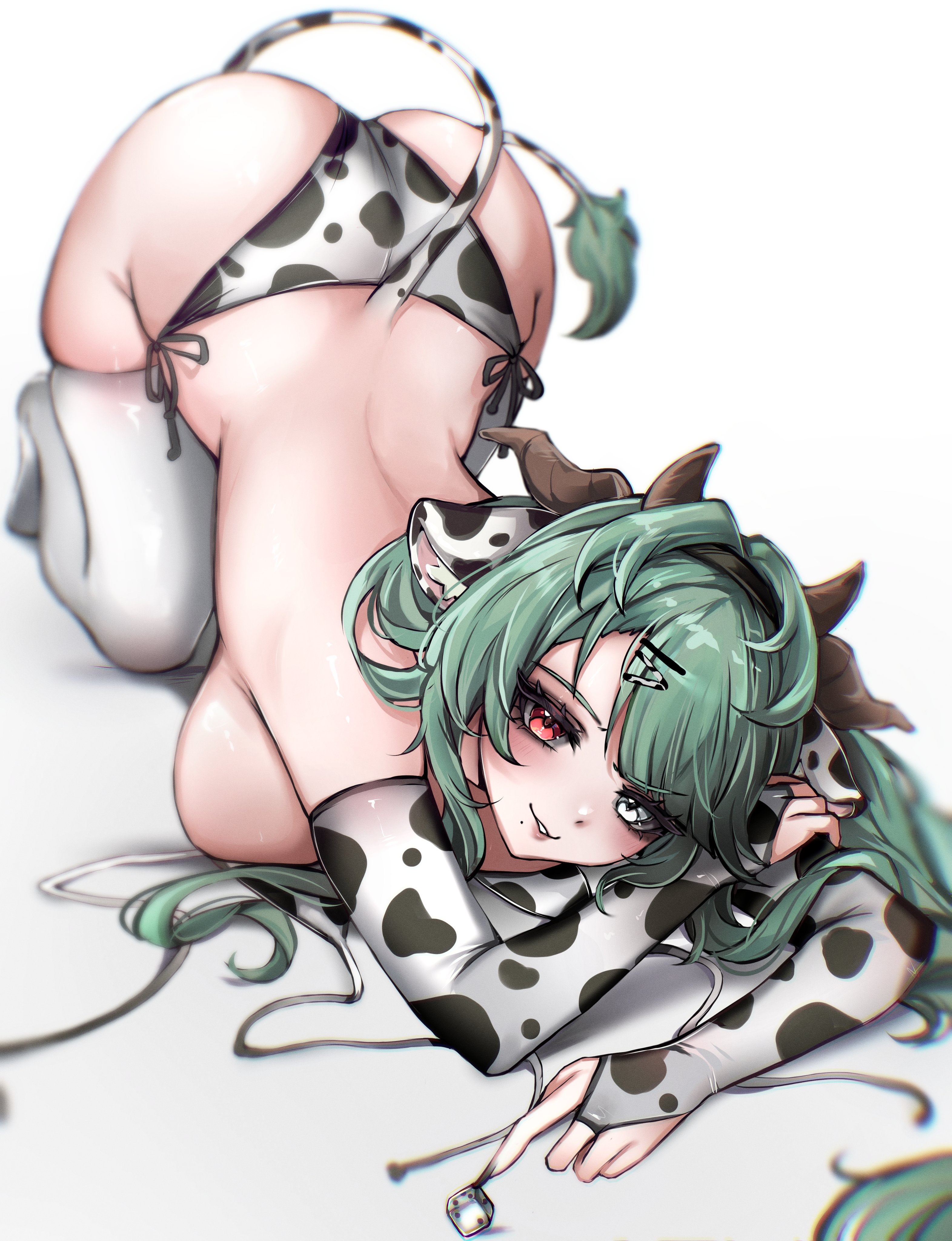 1girl, absurdres, animal ears, animal print, ass, back, bikini, blue eyes, breasts, bridal gauntlets, colored sclera, cow ears, cow girl, cow horns, cow print, cow print bikini, cow print bridal gauntlets, cow tail, crelly, green hair, grey sclera, heterochromia, highres, horns, indie virtual youtuber, large breasts, long hair, looking at viewer, mokiemokki, mole, mole under mouth, print bikini, print bridal gauntlets, red eyes, sideboob, swimsuit, tail, thick thighs, thighhighs, thighs, unworn bikini top, virtual youtuber, white background, white thighhighs