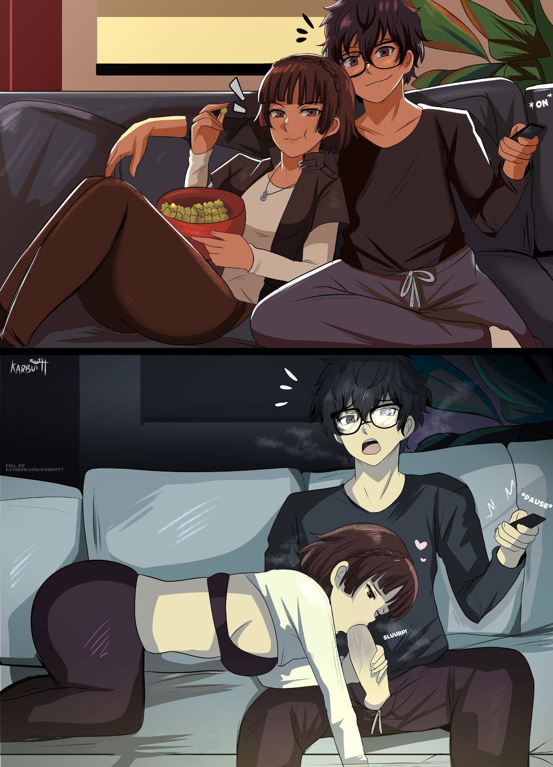 1boy, 1girls, 2koma, akira kurusu, ass, atlus, before and after, black bra, black hair, black pants, bra, brown hair, clothes lift, date night, fellatio, female, glasses, handjob, karbuitt, long sleeves, makoto niijima, male, oral, pants, persona, persona 5, persona 5 scramble: the phantom strikers, ren amamiya, shirt, shirt lift, short hair