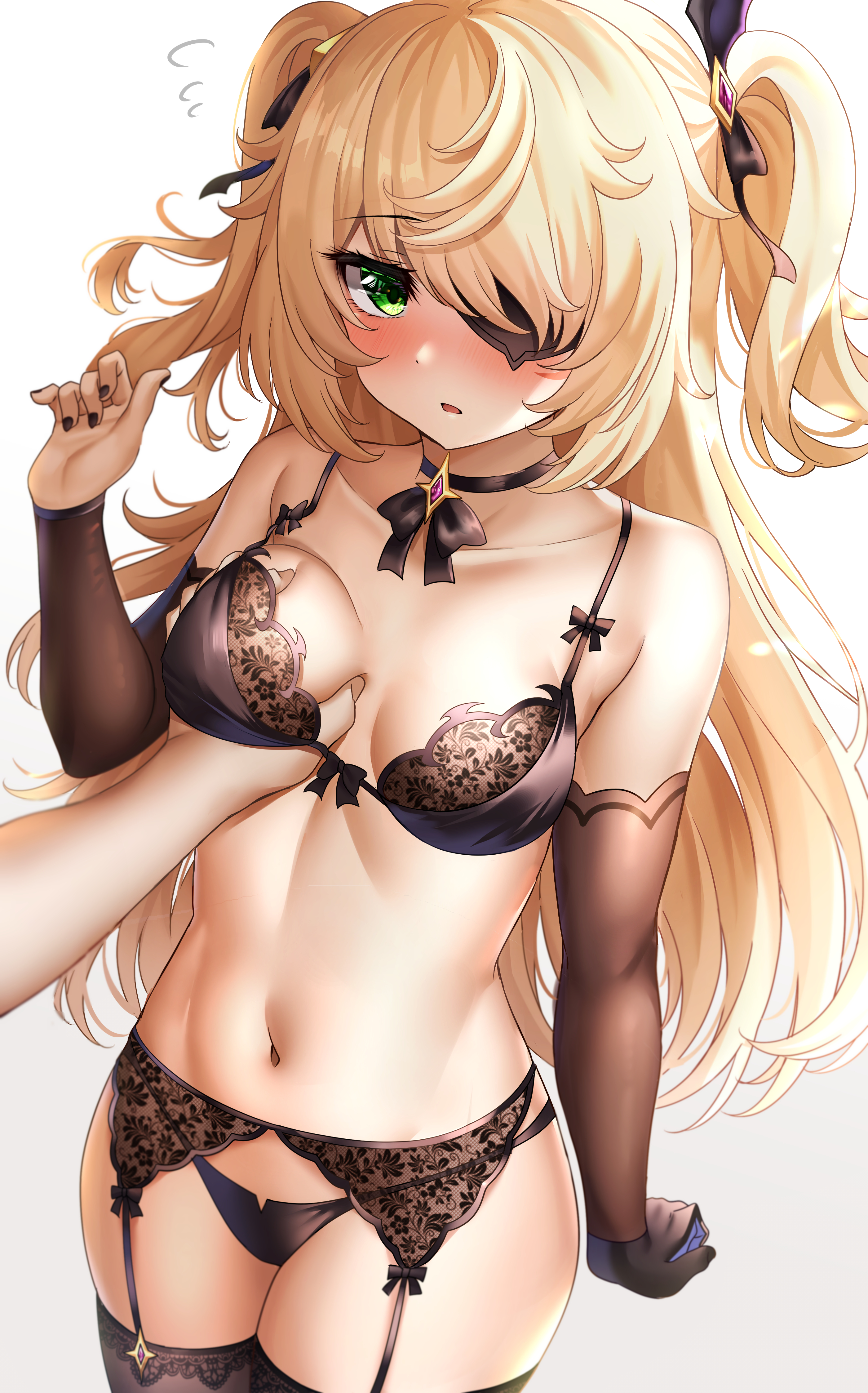 black bra, black panties, blush, bra, breast grab, breast squeeze, breasts, eyepatch, female, fischl (genshin impact), garter belt, garter straps, genshin impact, groping, hair, lingerie, navel, panties, sunhyun, underwear