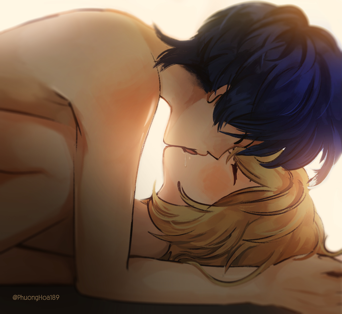 1boy, 1girl, blonde female, blonde hair, blue hair, drool, female, folded, french kiss, genshin impact, kissing, kissing while penetrated, lumine (genshin impact), making out, male, male/female, nude, passionate, passionate kiss, passionate sex, phuonghoa198, scaramouche (genshin impact), sex, side view, straight, tongue kiss, wanderer (genshin impact)