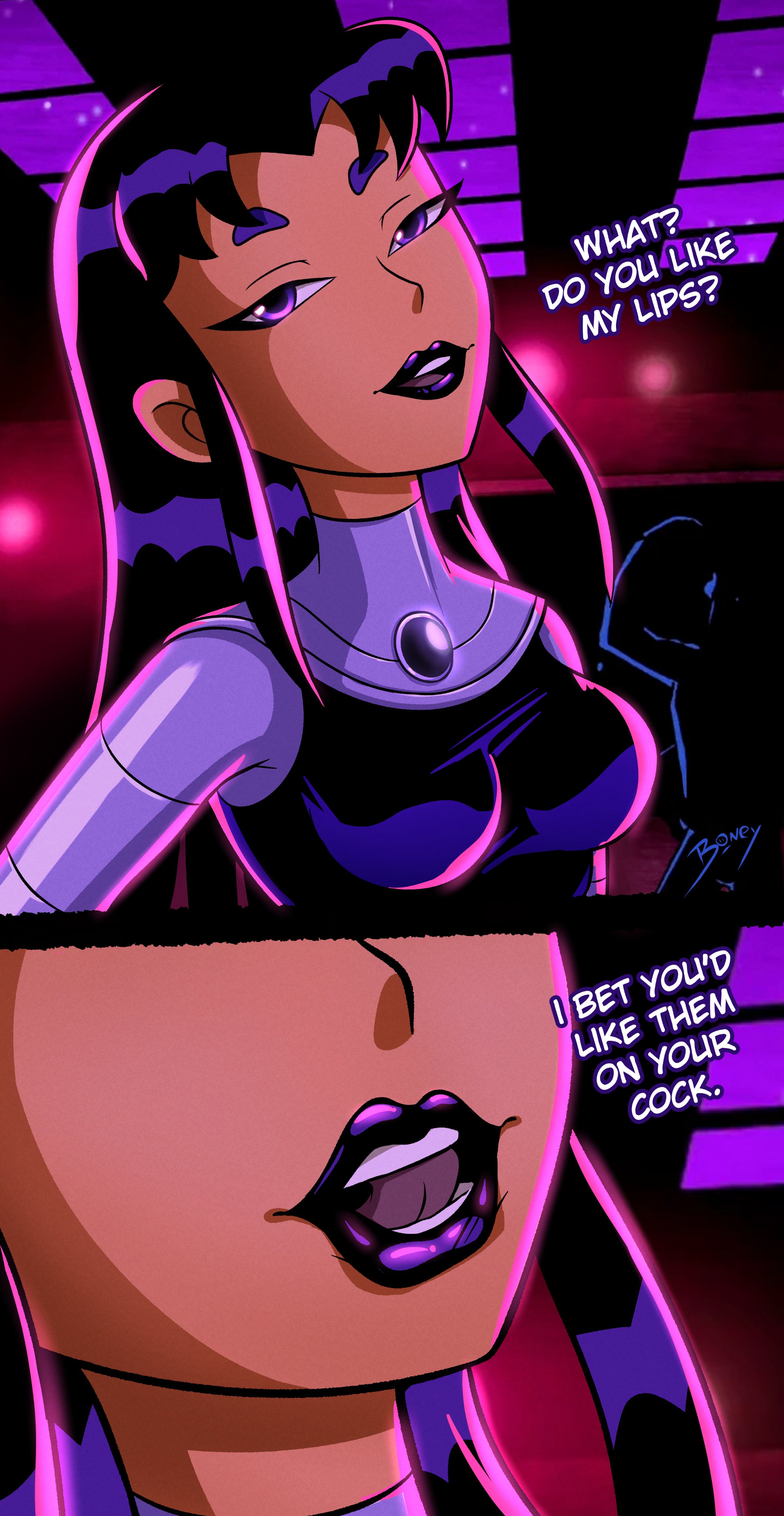 1girls, blackfire, dc comics, dialogue, female, lipstick, onlyboney, seductive, solo, talking to viewer, teen titans, text
