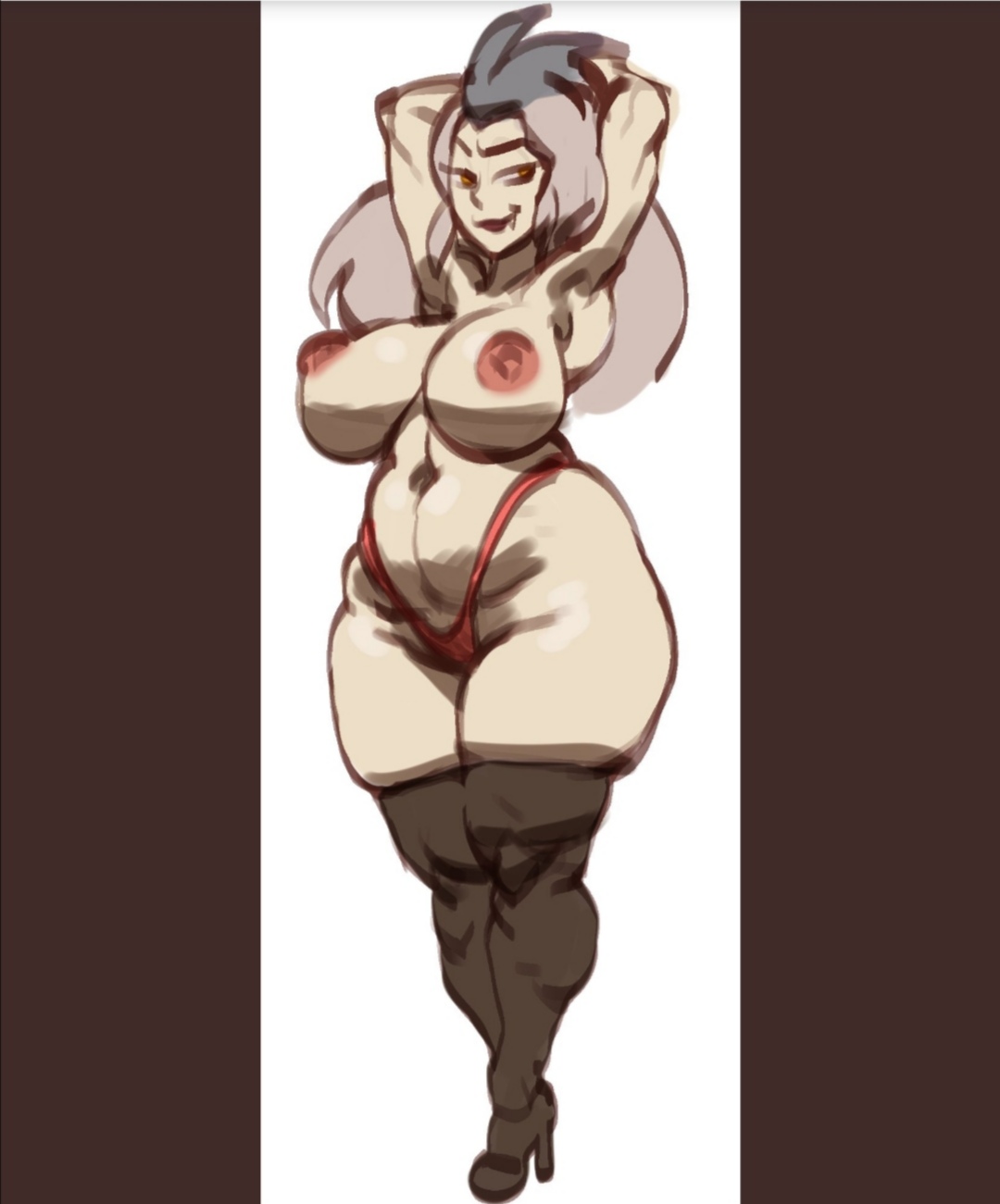 1girls, arms behind head, big breasts, breasts, busty, clothing, curvy, disney, disney channel, eda clawthorne, female, grey hair, heels, high heels, huge breasts, long hair, nipples, panties, sketch, skimpy, skindentation, solo, solo female, straight hair, the owl house, thick thighs, thighhighs, tod0231, topless, underwear, venus body, voluptuous, white background, witch (the owl house), yellow eyes