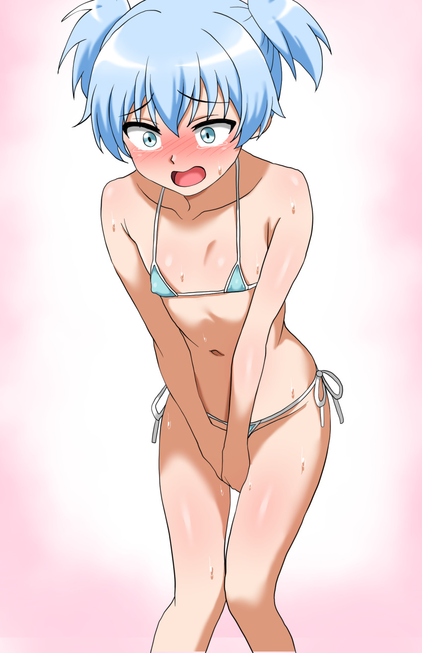 1boy, 1femboy, assassination classroom, bikini, bikini only, blush, blushing, embarrassed, femboy, open mouth, scared, shiota nagisa