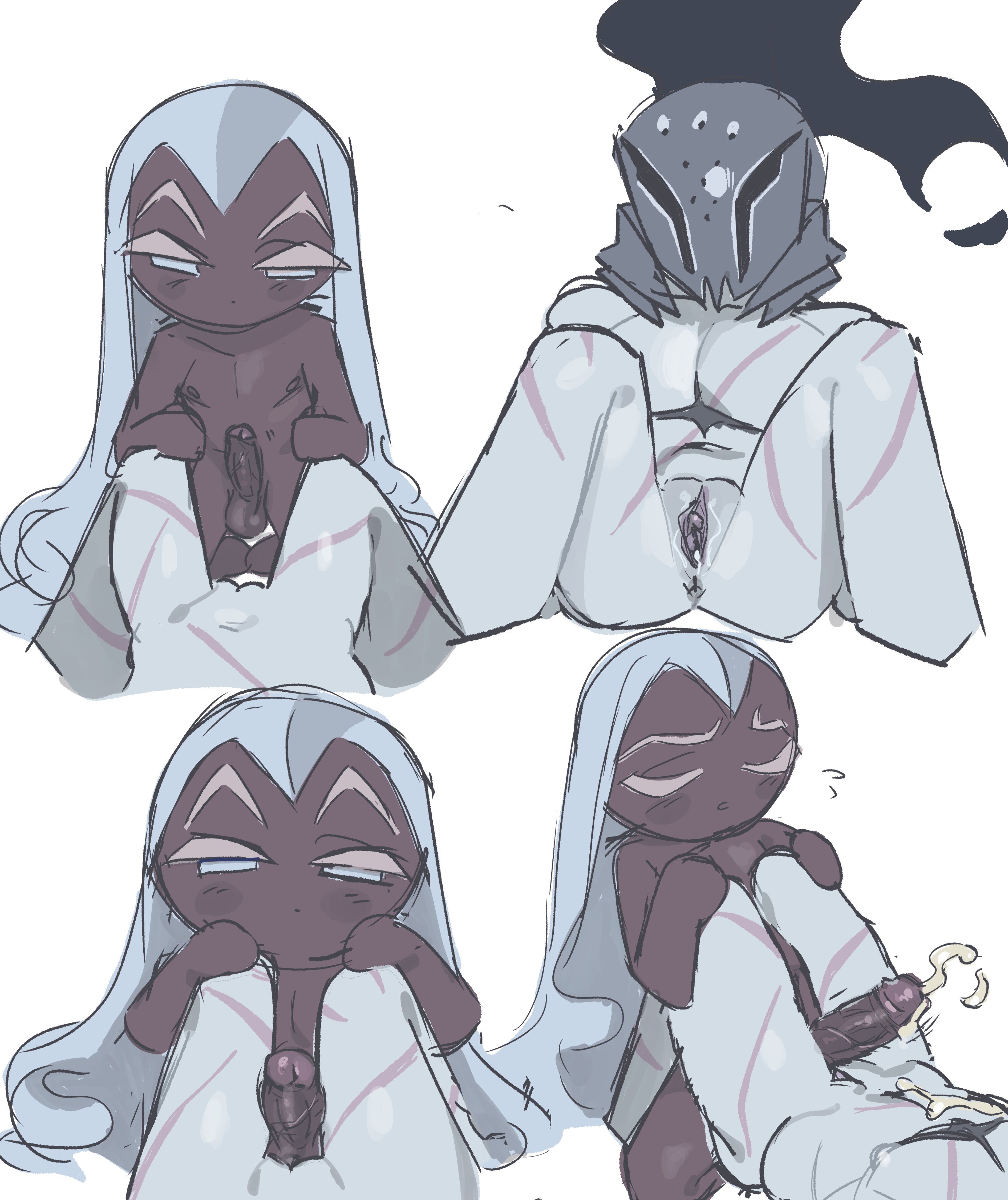 2boys, artist request, cookie run, cookie run kingdom, cum, cum on body, cum on stomach, elder faerie cookie, helmet only, long hair, long hair male, naked, naked male, scars, scars all over, silent salt cookie, t-dick, thighjob, trans man, transgender male