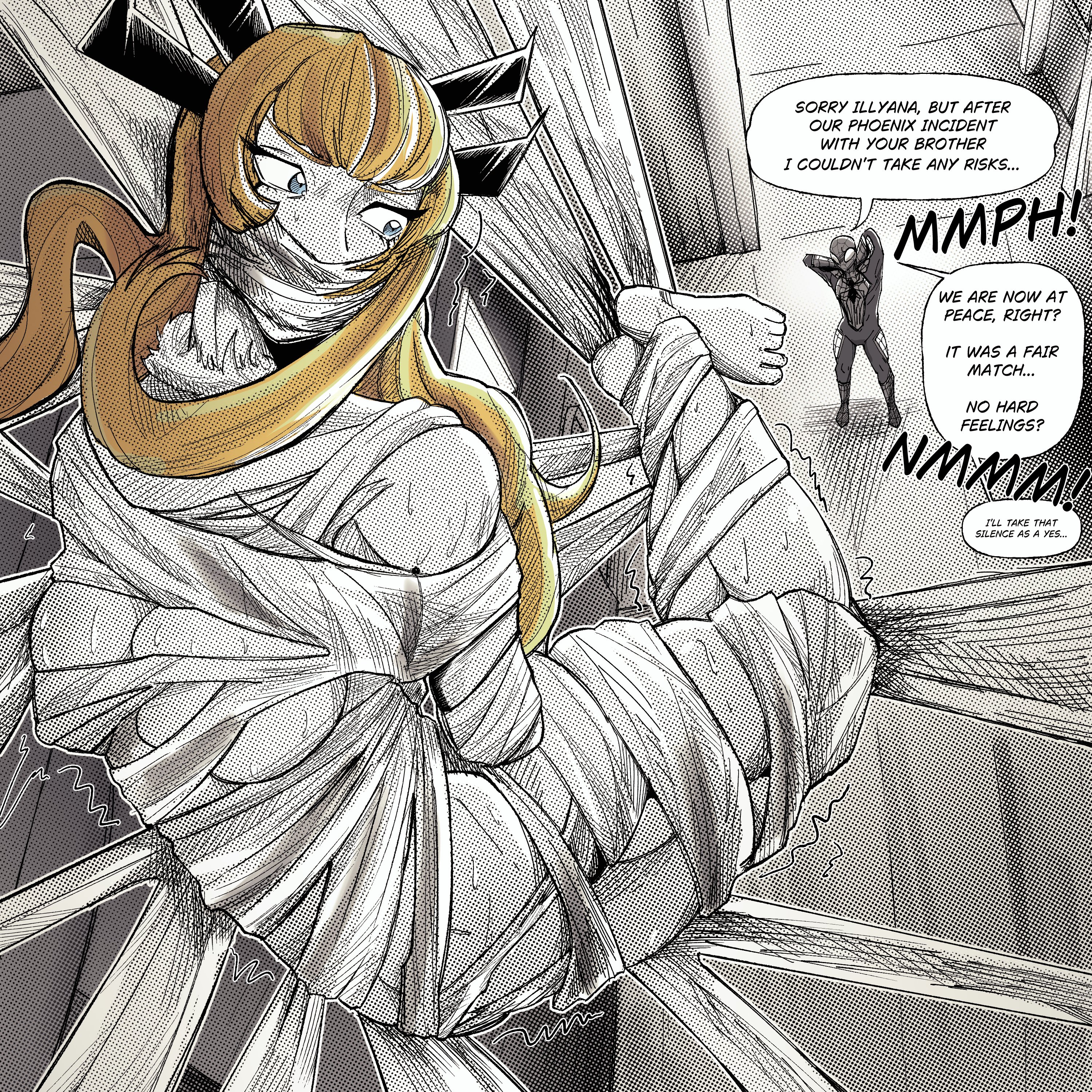 1boy, 1girls, 2026, 2d, after fight, barefoot, bdsm, ben-day dots, blonde female, blonde hair, blue eyes, blue-haired female, bondage, bound arms, bound female, box tie, breasts, defeated, defeated heroine, defeated superheroine, dialogue, english, english dialogue, english text, female, female focus, full body bondage, gag, gagged, gagged female, gagged speech, halftone dots, hi res, human, long hair, long-haired female, magik (illyana rasputin), magik (marvel tokon), male, marvel, marvel tokon: fighting souls, mutant (marvel), nude, nude female, restricted palette, saitoropes, speech bubble, spider-man, superhero, superhero costume, superheroine, suspension, suspension bondage, text, web bondage, web gag, webbing