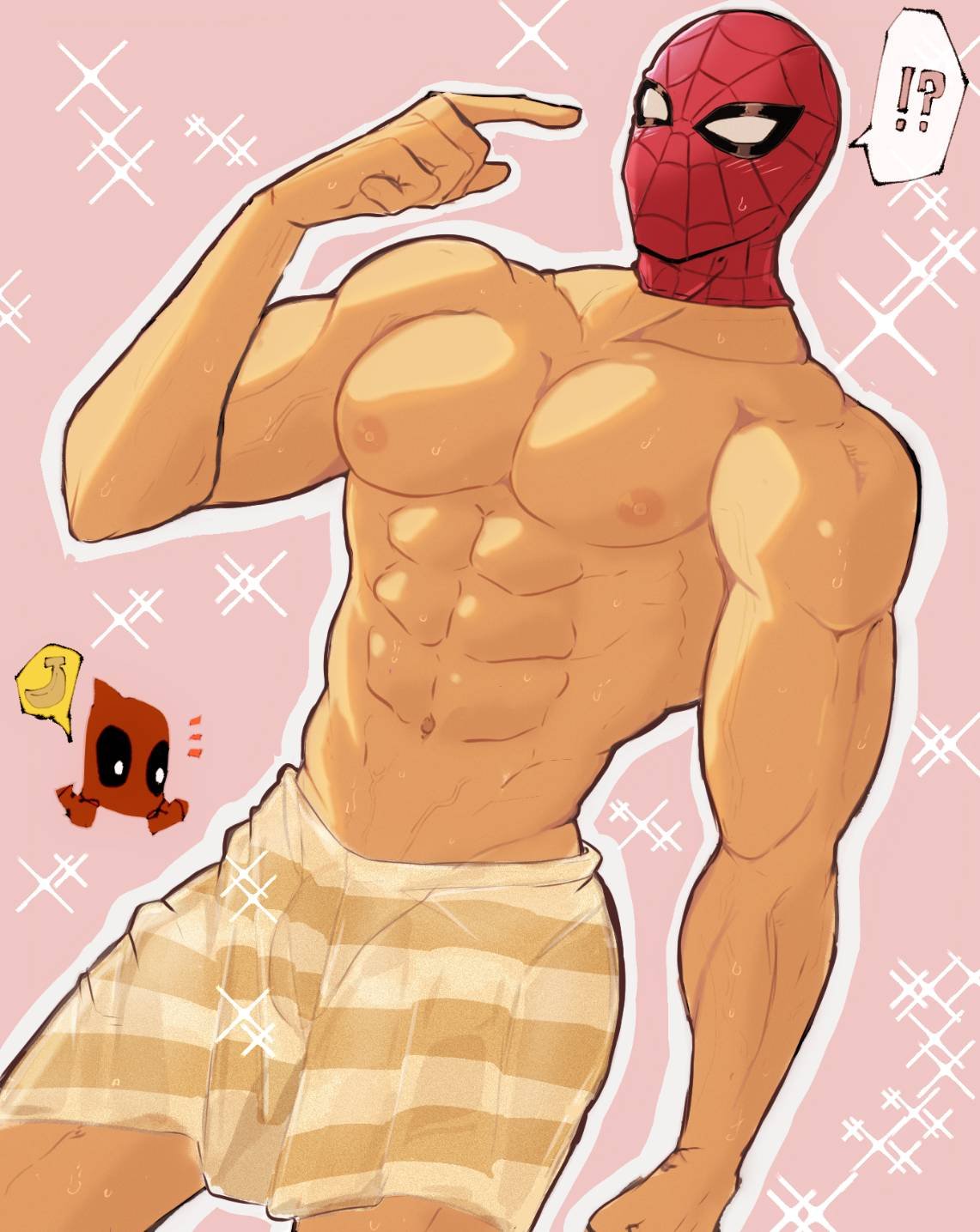 abs, banana, bara, bara body, bara tiddies, bara tits, big pecs, blush, bulge, deadpool, male, male focus, male only, marvel, marvel cinematic universe, masked, masked male, muscular, muscular male, nipples, no visible genitalia, pecs, peter parker, samuraineko69, spider-man, spider-man (series), spider-man: brand new day, topless, topless male, towel, towel only, wade wilson, wet, wet body