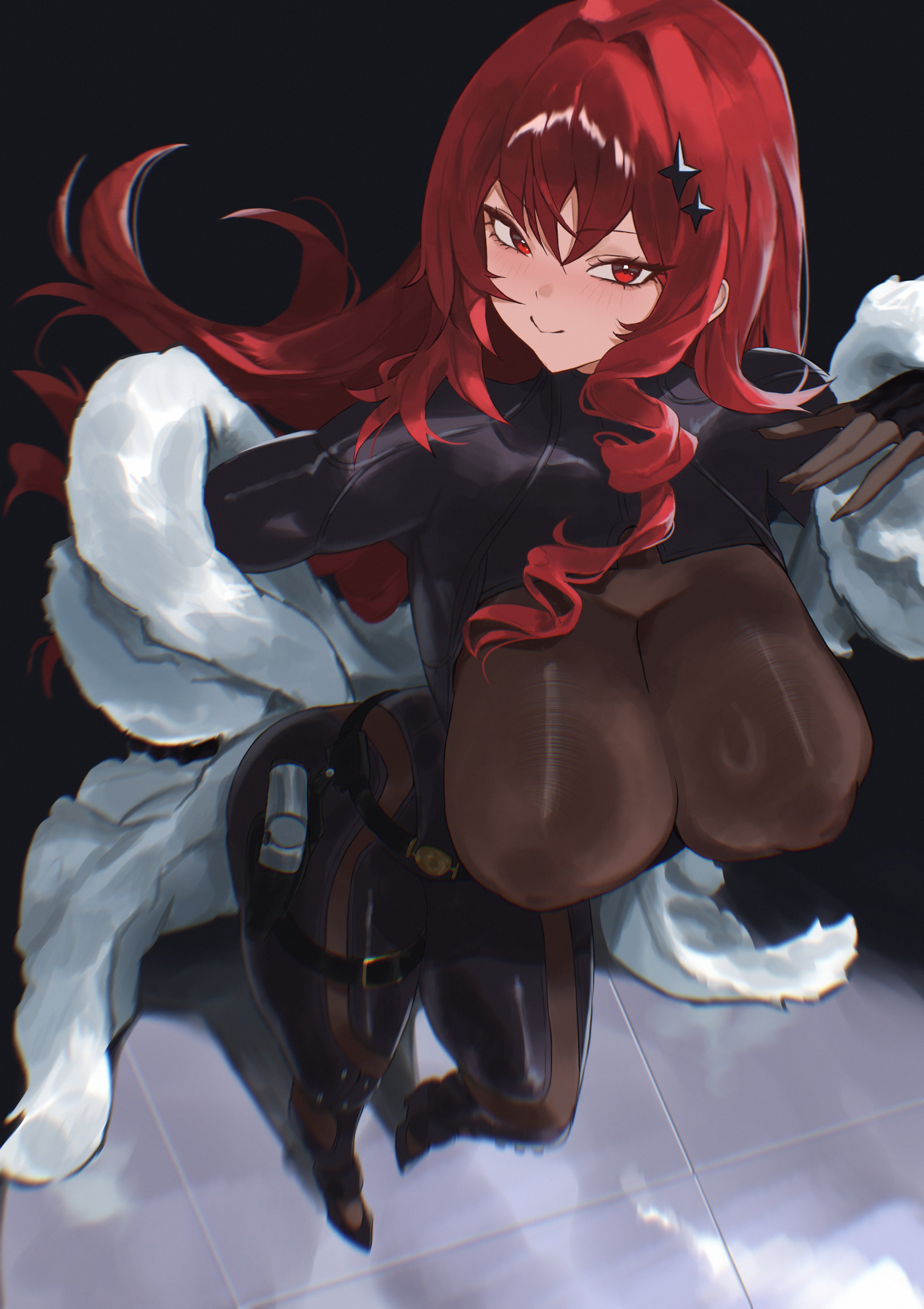 big breasts, cosplay, cosplaying as character, fat ass, fluffy clothing, goddess of victory: nikke, hirosenpai, huge ass, huge thighs, inverted nipples, leather clothing, mitsuru kirijo, mitsuru kirijo (arena), mitsuru kirijo (cosplay), nipple bulge, nipples, nipples visible through clothing, persona, persona 3, rapi (nikke), rapi (red hood) (nikke), red eyes, red hair, tagme, thick thighs, tight clothing, voluptuous, voluptuous female, wide hips
