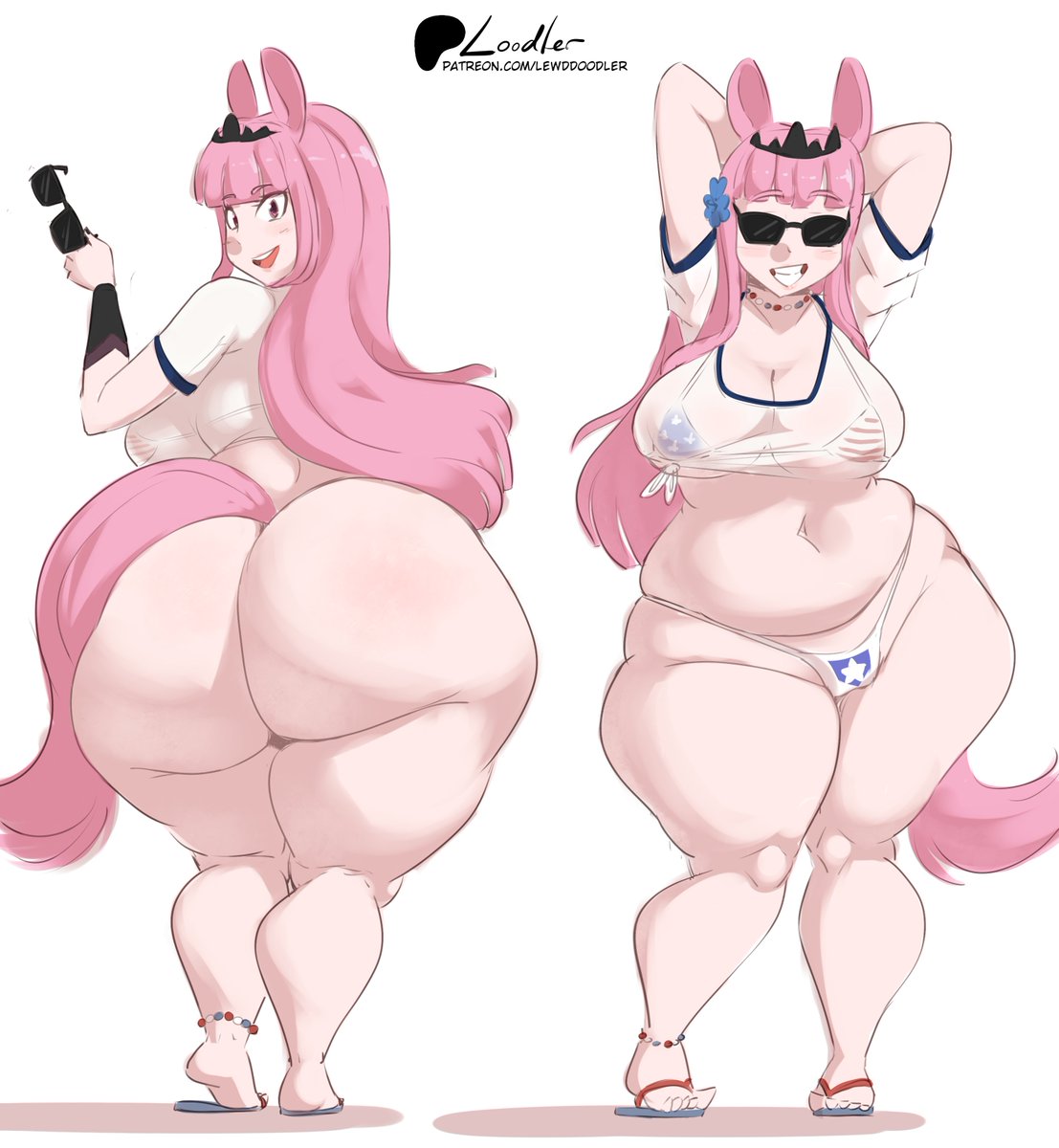 1girls, 2d, american flag bikini, ass, bikini, bottom heavy, breasts, chubby, chubby female, female, female only, hololive, hololive english, horse ears, horse girl, horse tail, kemonomimi mode, large breasts, lewddoodler, light skin, light-skinned female, looking at viewer, looking back, mori calliope, pink hair, sandals, solo, solo female, sunglasses, tagme, thick thighs, thighs, virtual youtuber, white background
