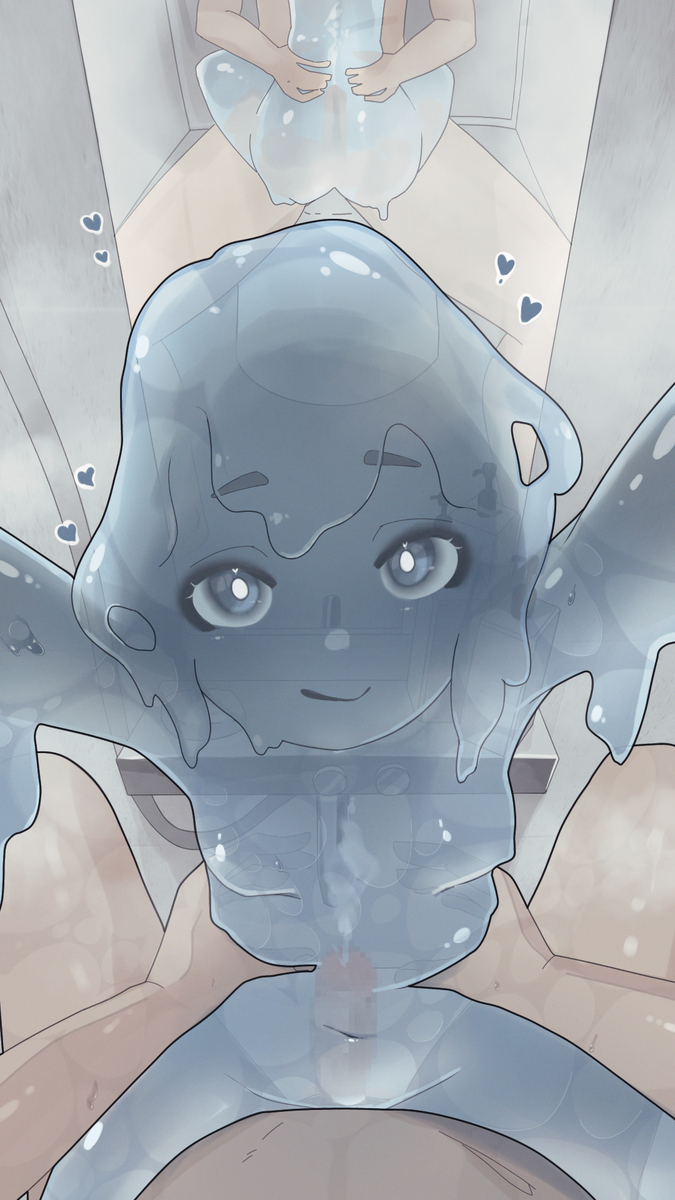 1boy, 1girls, 2d, 2d (artwork), blue body, blue eyes, blue hair, blue skin, blue slime, creampie, cum, cum inside, cumming, female, female on top, heart, heart symbol, male, male/female, monster girl, original, original character, see-through, see-through body, sex, slime, slime girl, smile, tagme (artist), vagina, vaginal, vaginal insertion, vaginal penetration, vaginal sex
