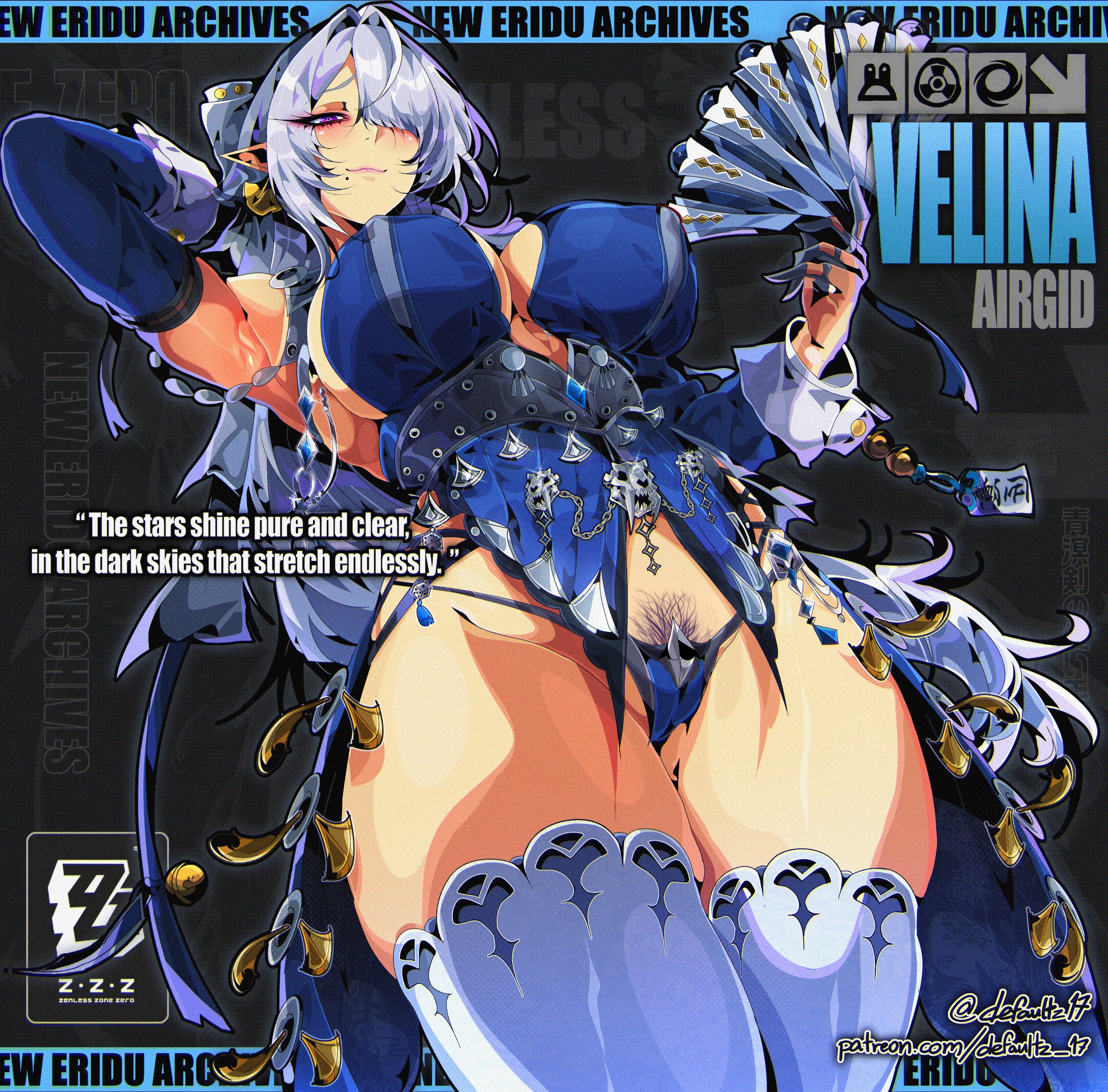 1girls, ass, big breasts, breasts, child bearing hips, defaultz 17, female, female focus, female only, hair over one eye, large ass, large breasts, light skin, light-skinned female, looking at viewer, solo, thick thighs, thighhighs, thighs, velina (zenless zone zero), velina airgid, wide hips, zenless zone zero