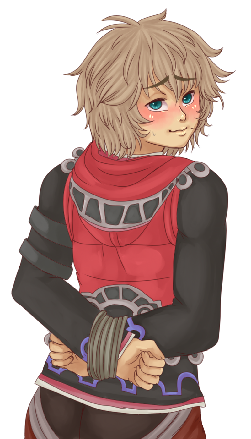 1boy arms_behind_back blonde_hair blush bondage fully_clothed hands_behind_back looking_at_viewer looking_back malesub nintendo rope rope_bondage shulk_(xenoblade) smile tied_hands xenoblade_(series) xenoblade_chronicles