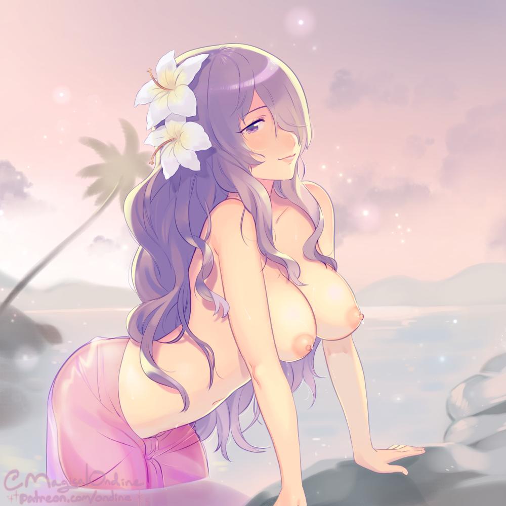 1girls, areolae, artist name, bare arms, bare breasts, bare midriff, bare shoulders, big breasts, breasts, camilla (fire emblem), female, female only, fire emblem, fire emblem fates, fire emblem heroes, flower, flower in hair, hair flower, hot spring, huge breasts, human, human only, large breasts, light skin, light-skinned female, long hair, looking at viewer, magical ondine, mature, mature female, nipples, one eye covered, palm tree, partially submerged, pose, posing, purple eyes, purple hair, relaxed, relaxing, roarke (lavenderincubus), seaside, smile, smiling, smiling at viewer, solo, solo female, swimsuit, topless, topless female, veil, water, wholesome