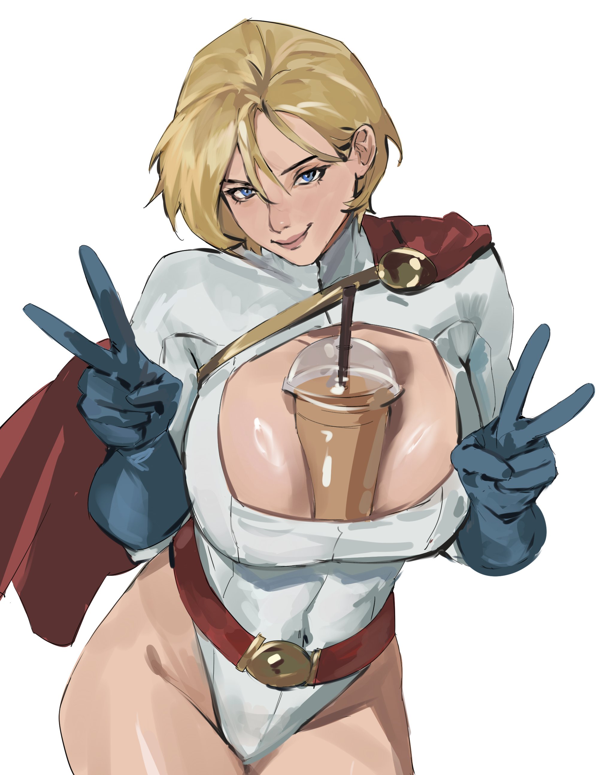 between breasts, blonde hair, blue eyes, blue gloves, breast hold, breasts, cleavage, cleavage cutout, cup between breasts, dc comics, enargeia, female, female only, gloves, hips, large breasts, lips, power girl, short hair, smile, superman (series), thighs