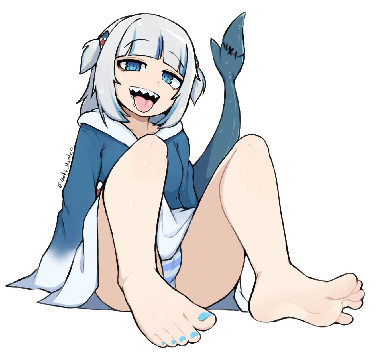 2d, blue eyes, blue nails, clothing, feet, female, female only, foot fetish, gawr gura, hololive, hololive english, panties, shark, sharp teeth, soft hanten, softhanten, soles, solo, tail, tongue, underwear, virtual youtuber, vtuber, white hair
