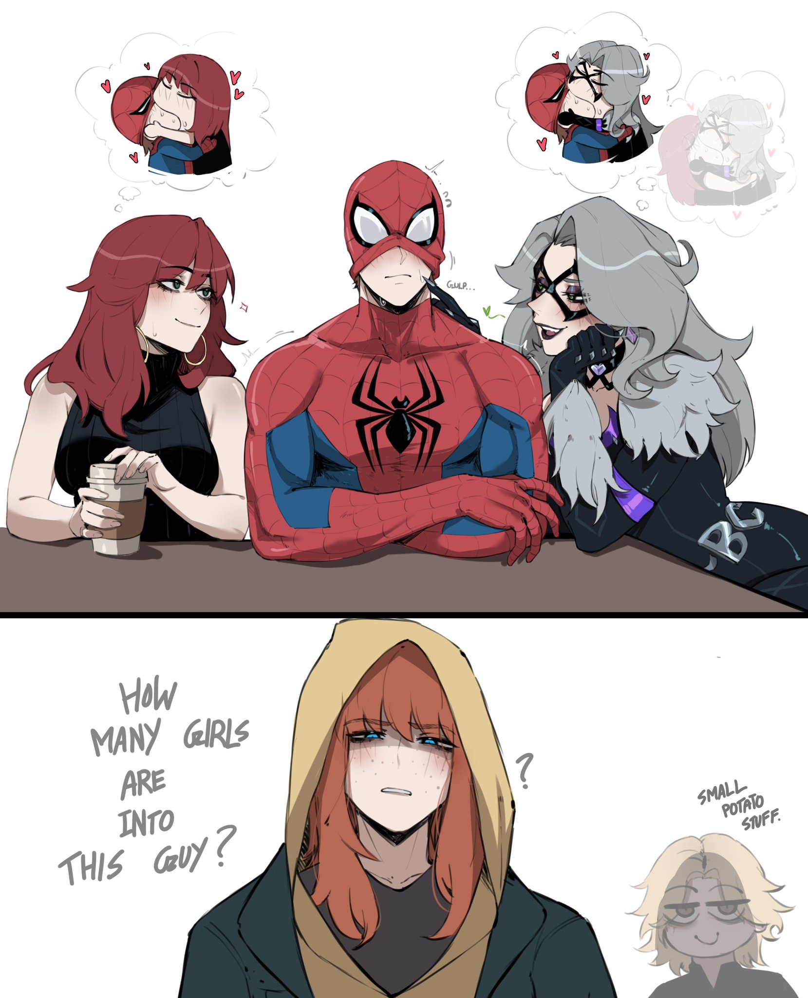 1boy, 2026, 4girls, avengers, big ass, big breasts, big thighs, black cat (marvel rivals), black cat (marvel), black widow (marvel), breasts, chest, curvaceous, curvy, curvy figure, digital media (artwork), felicia hardy, female, hips, hourglass figure, huge ass, huge breasts, huge thighs, jean grey, kissing, large ass, large breasts, large thighs, light skin, light-skinned female, light-skinned male, male, male/female, marvel, marvel cinematic universe, marvel comics, marvel girl, marvel rivals, mary jane watson, masoq095, mature, mature female, multiple girls, mutant, mutant (marvel), mutate (marvel), peter parker, red hair, redhead, sadie sink, slim waist, spider-man, spider-man (series), spider-man: brand new day, straight, telepath, thick, thick hips, thick legs, thick thighs, thighs, thunderbolts, voluptuous, waist, white hair, white widow, wide hips, x-men, yelena belova