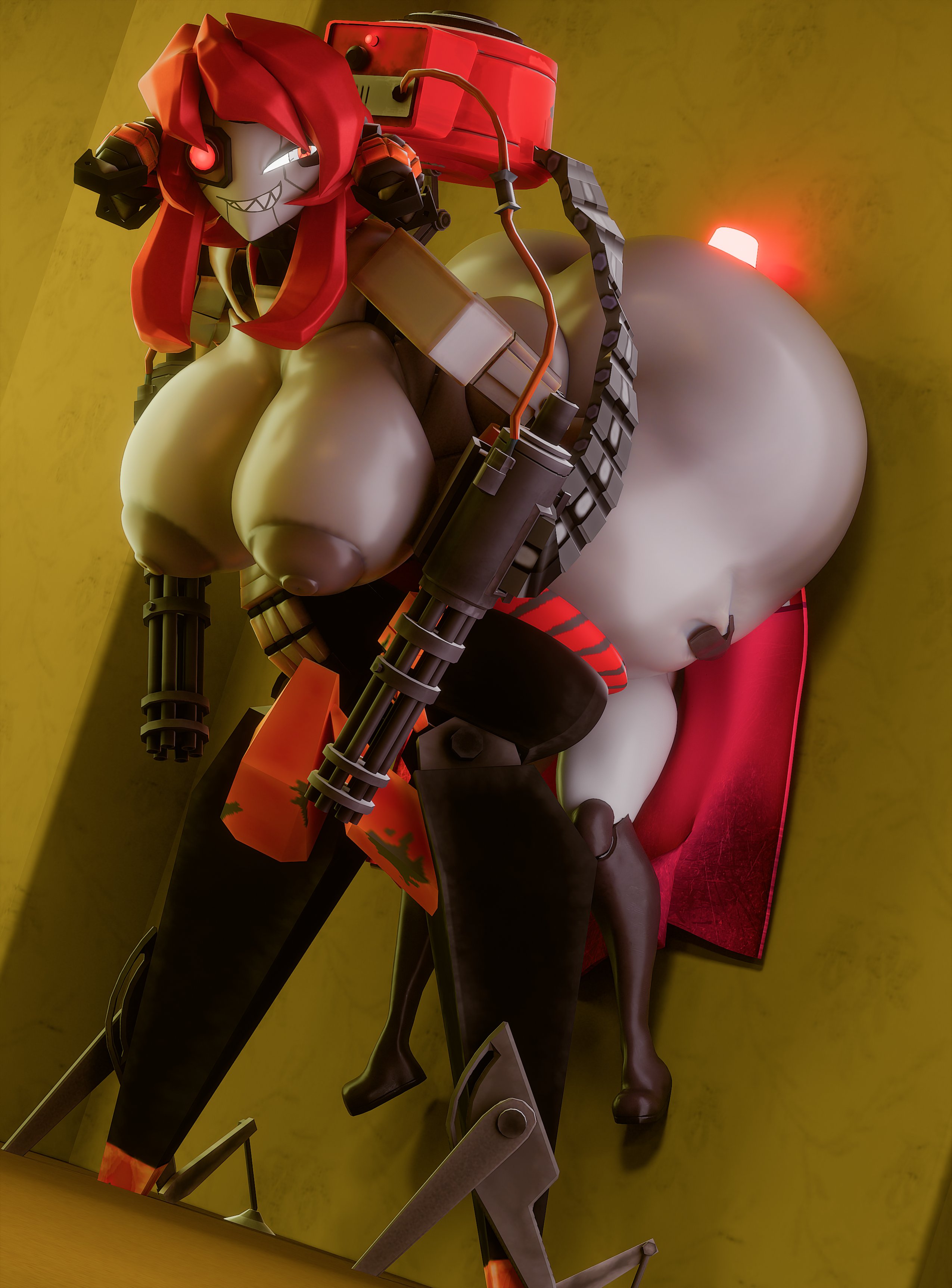 2girls, 3d, 3d (artwork), areola, ass, big areola, big ass, big breasts, big nipples, big thighs, breasts, female, female/female, gigantic ass, gigantic breasts, gigantic thighs, gun, huge areola, huge ass, huge breasts, huge nipples, huge thighs, hyper, hyper ass, hyper breasts, hyper thighs, larger female, long hair, mimi sentry, nipples, ratsyarts, red hair, robot, robot girl, senthia, sentry (team fortress 2), sentry turret, sharp teeth, size difference, smaller female, tall female, taller female, team fortress 2, tf2, thick thighs, thighs, weapon, yellow eyes