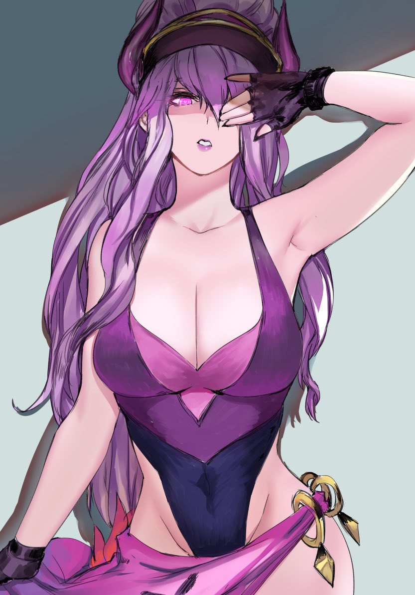 1girls, armpits, big breasts, breasts, cleavage, female, female only, fingerless gloves, league of legends, long hair, one eye covered, one-piece swimsuit, pd, pool party series, pool party syndra, purple eyes, purple hair, purple lipstick, solo, swimsuit, syndra