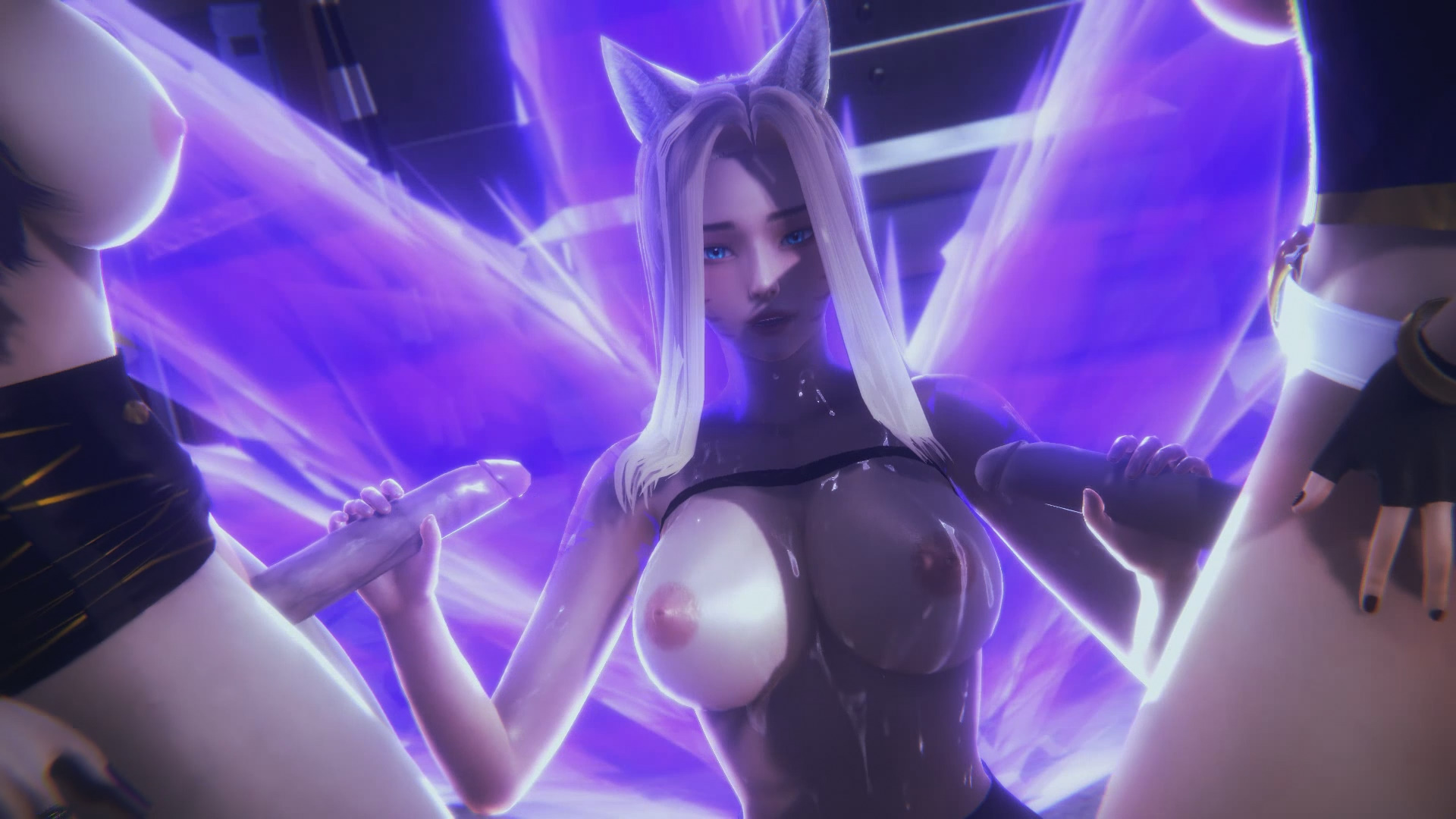 3d, ahri, akali, big breasts, blonde hair, blue eyes, breasts, cat ears, cum on body, cum on breasts, evelynn, fetish, futa on futa, futanari, handjob, intersex, k/da ahri, k/da akali, k/da evelynn, k/da series, league of legends, painted nails, penis