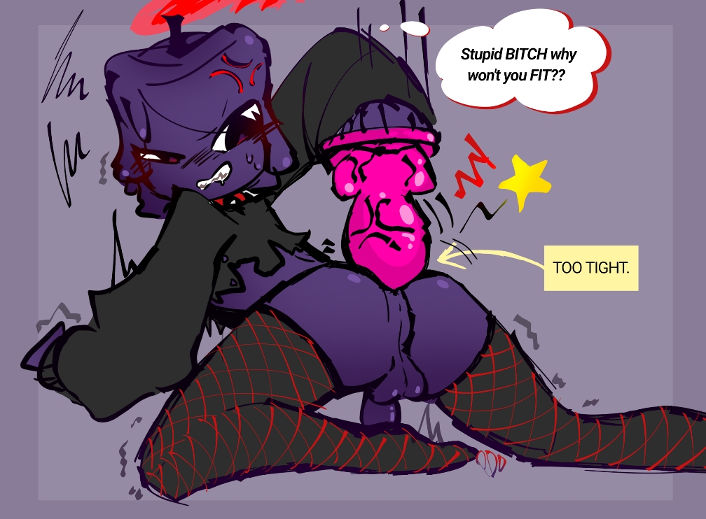 angry, candle, dandy's world, dandys world, femboy, huge dildo, huge dildo in ass, pinkdeaddove, red fishnets, showing ass, small penis, thighhighs, too tight, waxwell (dandy's world)