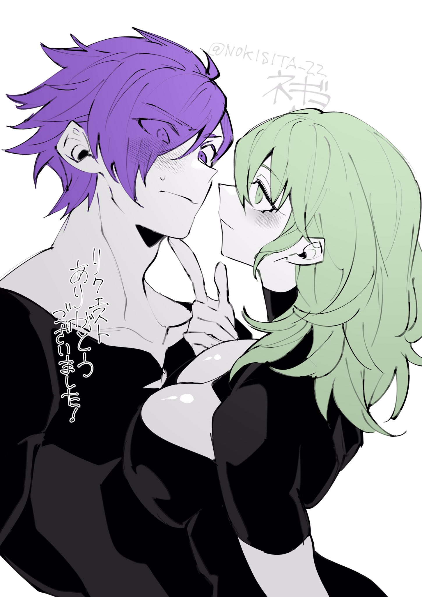 1boy, 1girls, assertive female, bangs, black shirt, blush, breast awe, breasts, byleth (fire emblem), byleth (fire emblem) (female), cleavage, cleavage cutout, clothing cutout, enlightened byleth (female), eyes visible through hair, female, fire emblem, fire emblem warriors: three hopes, fire emblem: three houses, green eyes, green hair, hair over one eye, highres, large breasts, looking at breasts, male, medium hair, negiwo, nintendo, purple eyes, purple hair, seductive, seductive smile, shez (fire emblem), shez (fire emblem) (male), shirt, short hair, smile, straight, teasing